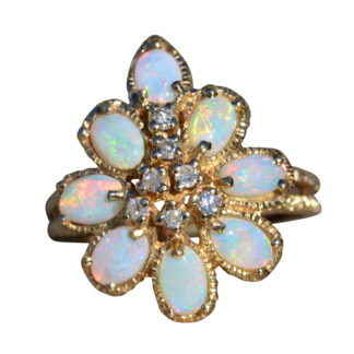 SOLD - The Abanda: Ladies Signed Brutalist Yellow Gold Opal and Diamond Cocktail Ring
