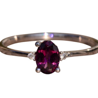 SOLD - The Bondi:  Rhodolite Garnet and Diamond Three Stone Ring in White Gold