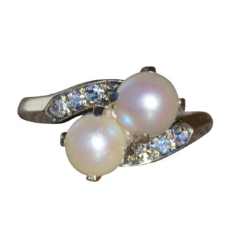 The Muswell:  Ladies 14K White Gold Pearl Bypass Ring set with Diamonds