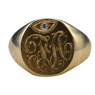 The Tuscola:  Men's Antique 14K Hand Engraved Signet Ring set with Diamond
