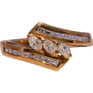 The Golden Cascade: Signed Marquise and Baguette Diamond Bypass Ring in Yellow Gold