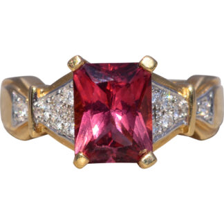 The Crimson Flame: Tourmaline and Natural Diamond Ring in 14 Karat Yellow Gold
