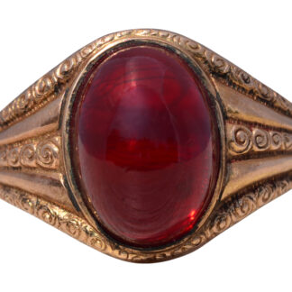 The Crimson Crest: Glass Cabochon Ring in Yellow Gold