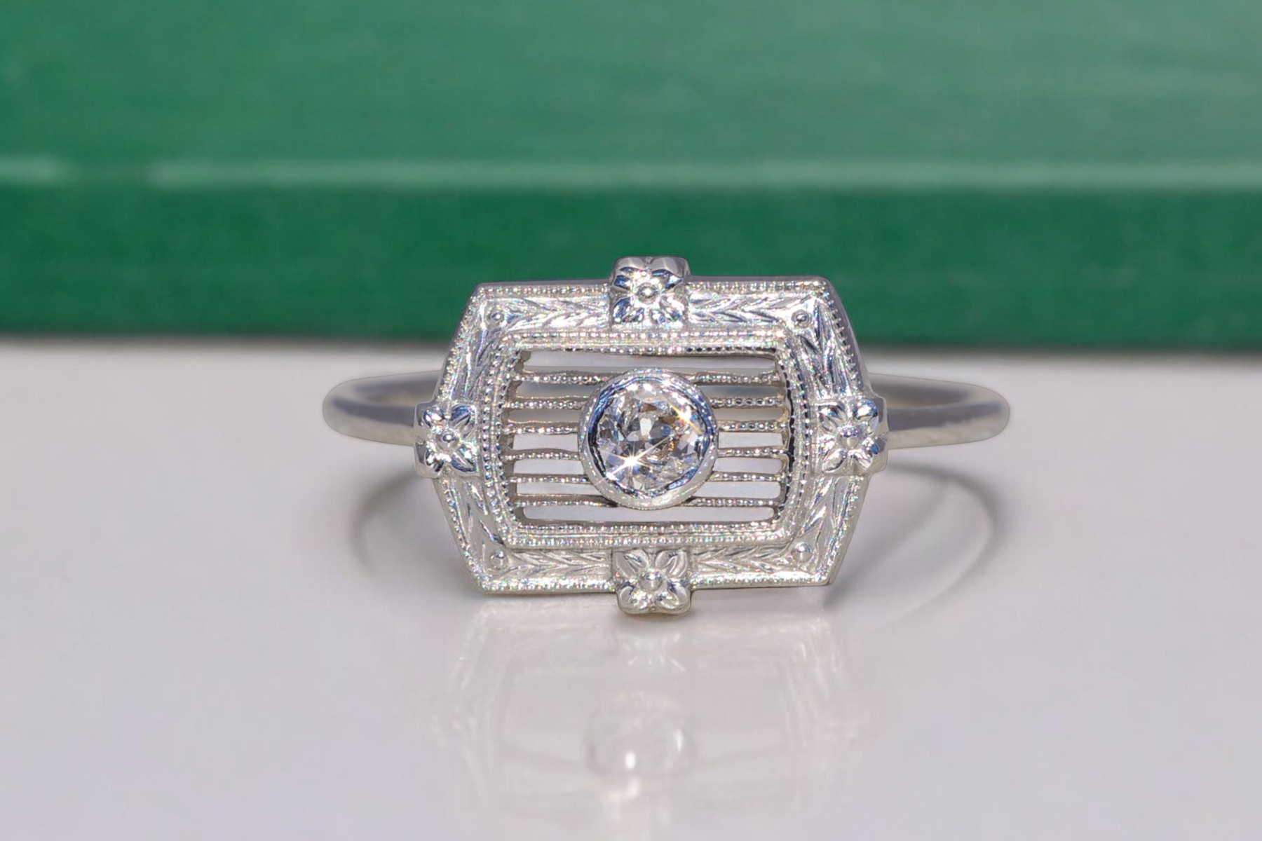 SOLD - The Art Deco Bloom: Natural Diamond Ring in 14 Karat White Gold - Image 11
