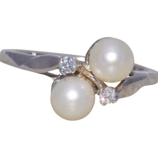 The Luminous Duet: Pearl and Natural Diamond Ring in White Gold
