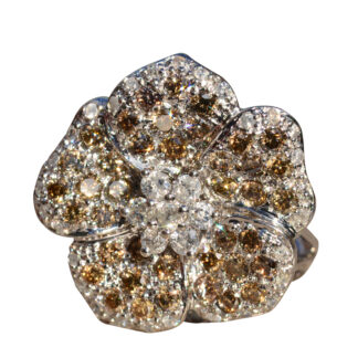 The Dallas:  Signed Flower Ring set with Brown and White Diamonds