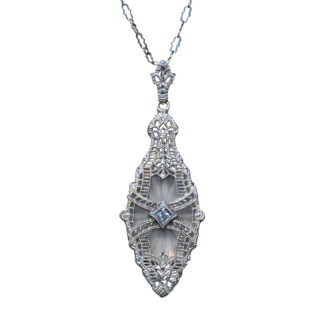 The Toomavara:  Ladies White Gold Filigree Camphor Glass Necklace set with Diamond