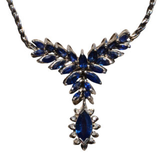 The New Castle:  Sapphire & Diamond Drop Necklace in 18 Karat White Gold