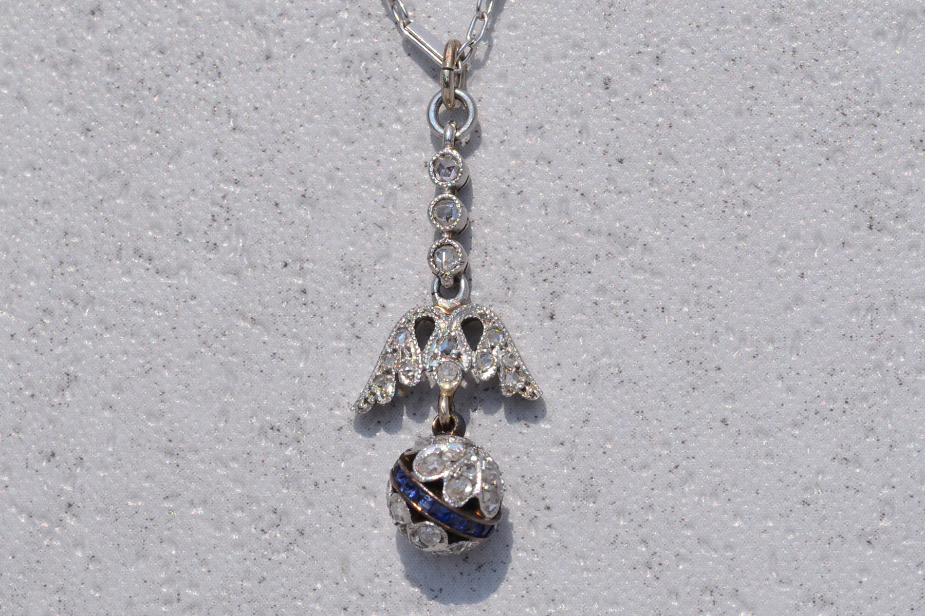 The Nouveau : Rose Cut Diamond and Sapphire Pendant Necklace in Platinum on White Gold - Image 2