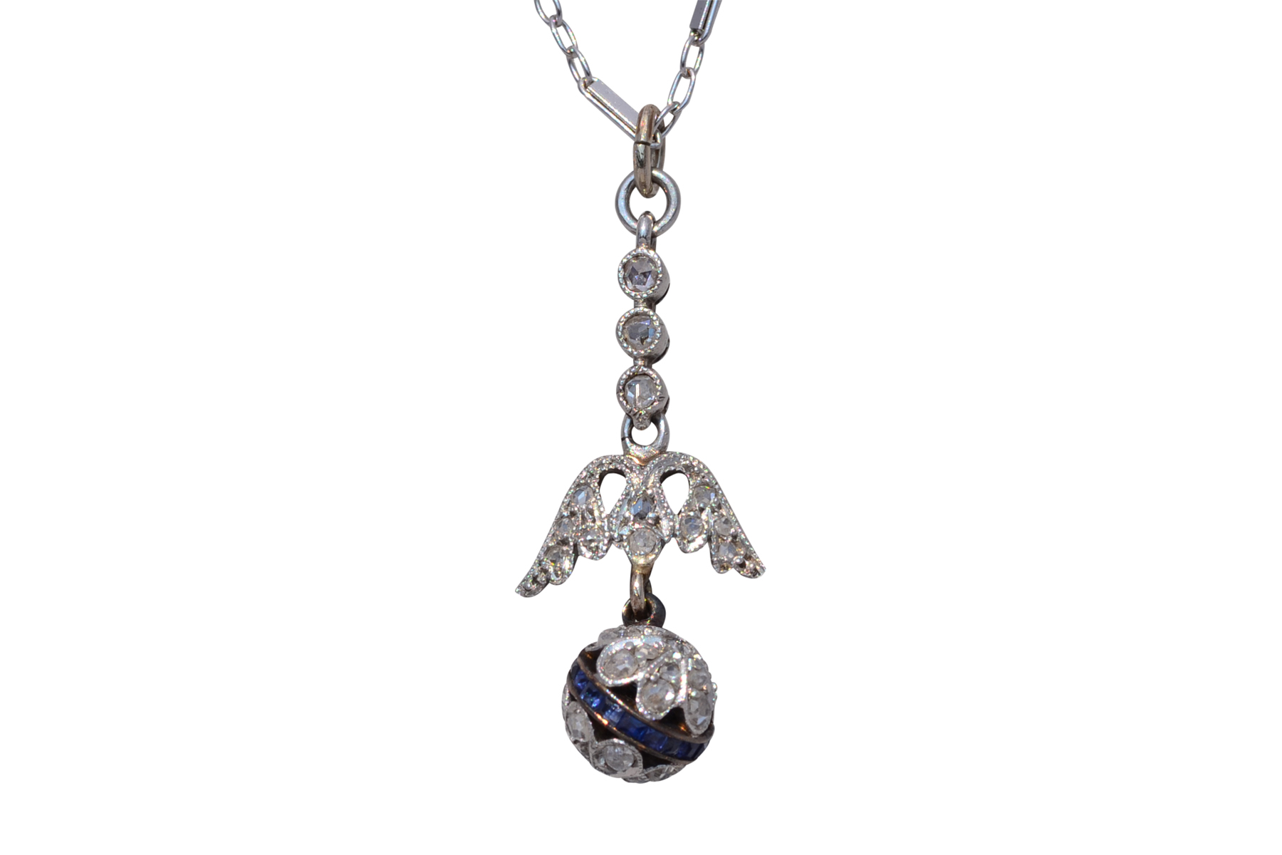 The Nouveau : Rose Cut Diamond and Sapphire Pendant Necklace in Platinum on White Gold