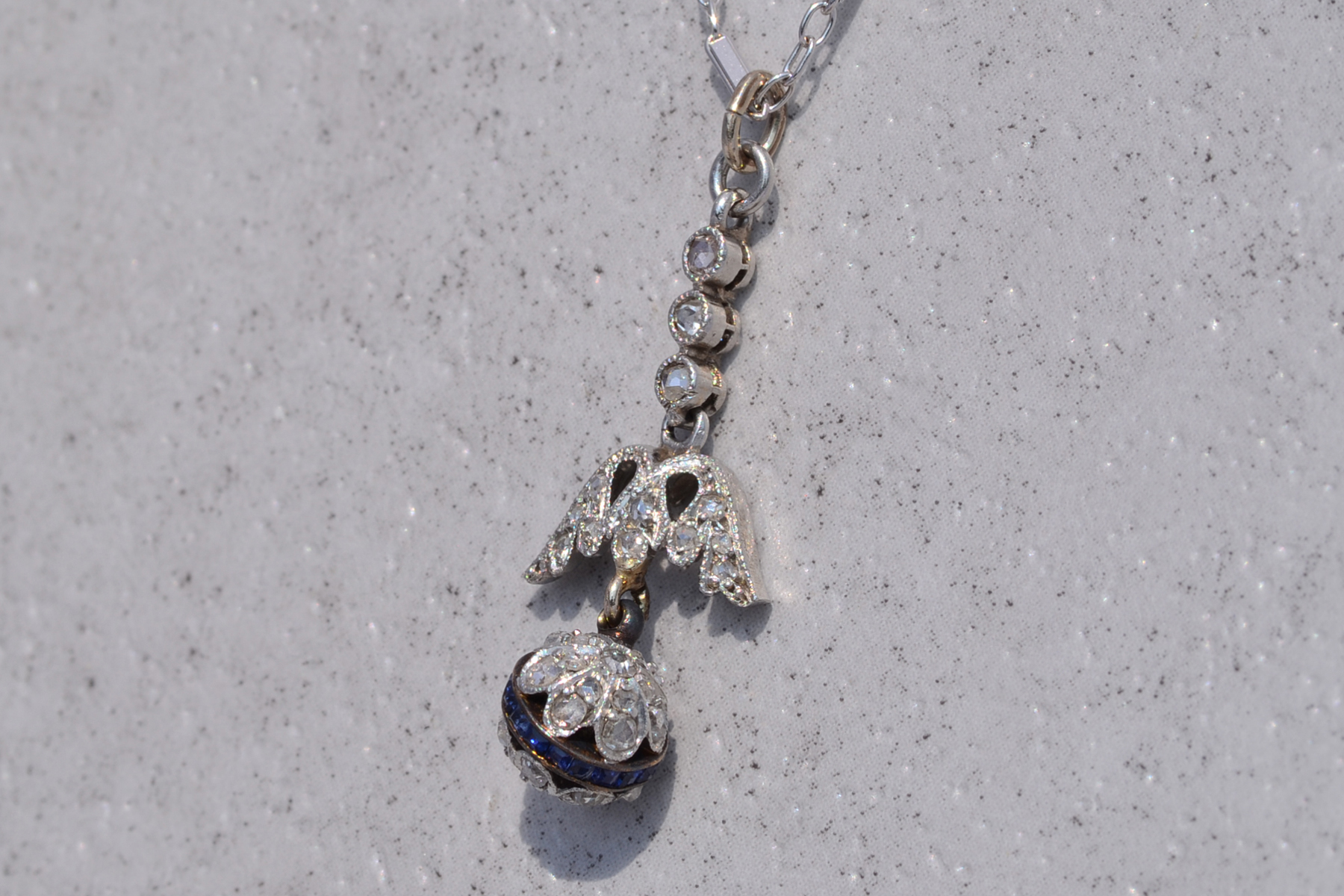The Nouveau : Rose Cut Diamond and Sapphire Pendant Necklace in Platinum on White Gold - Image 3