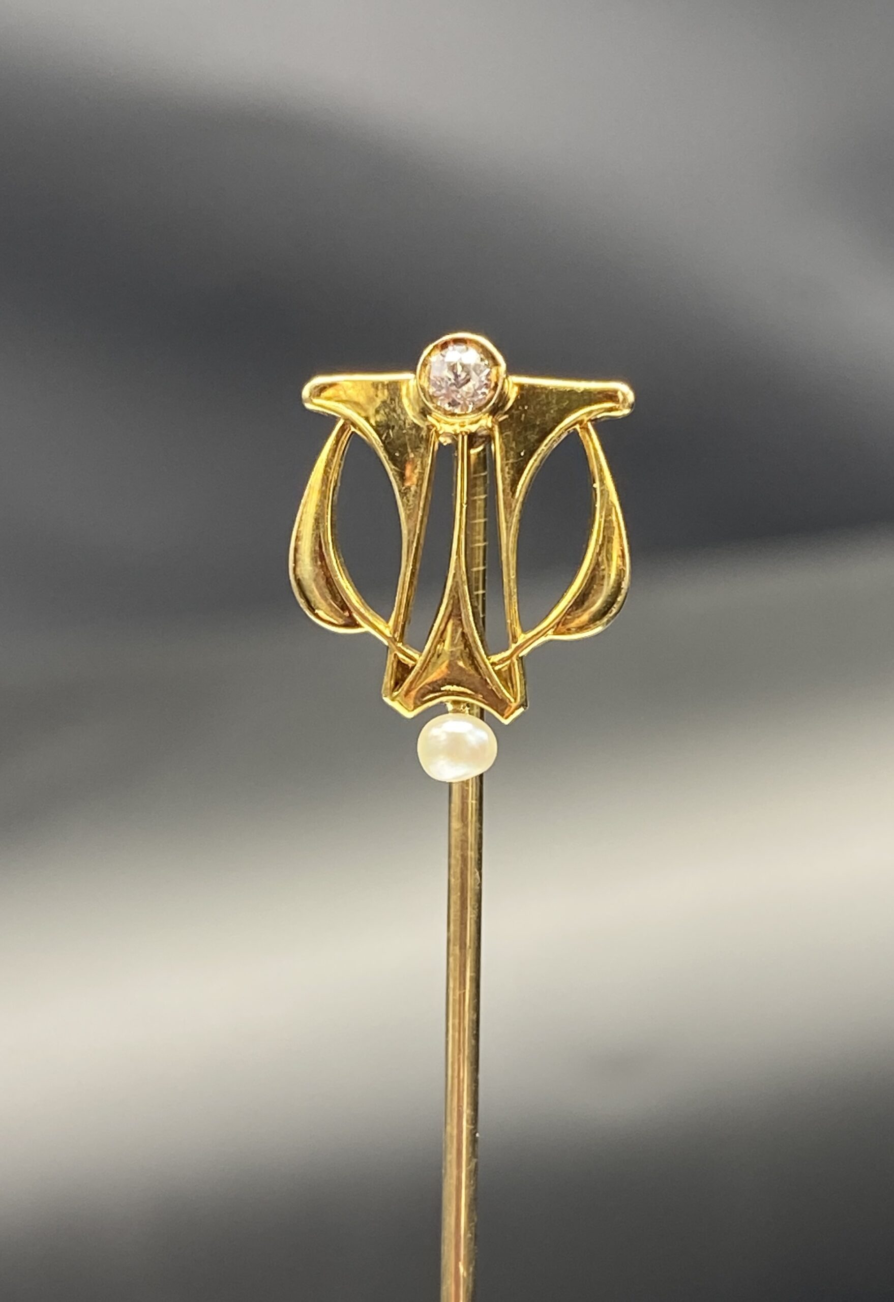 SOLD - Signed Alling and Co 14K Diamond and Pearl Art Nouveau Stick Pin - Image 2
