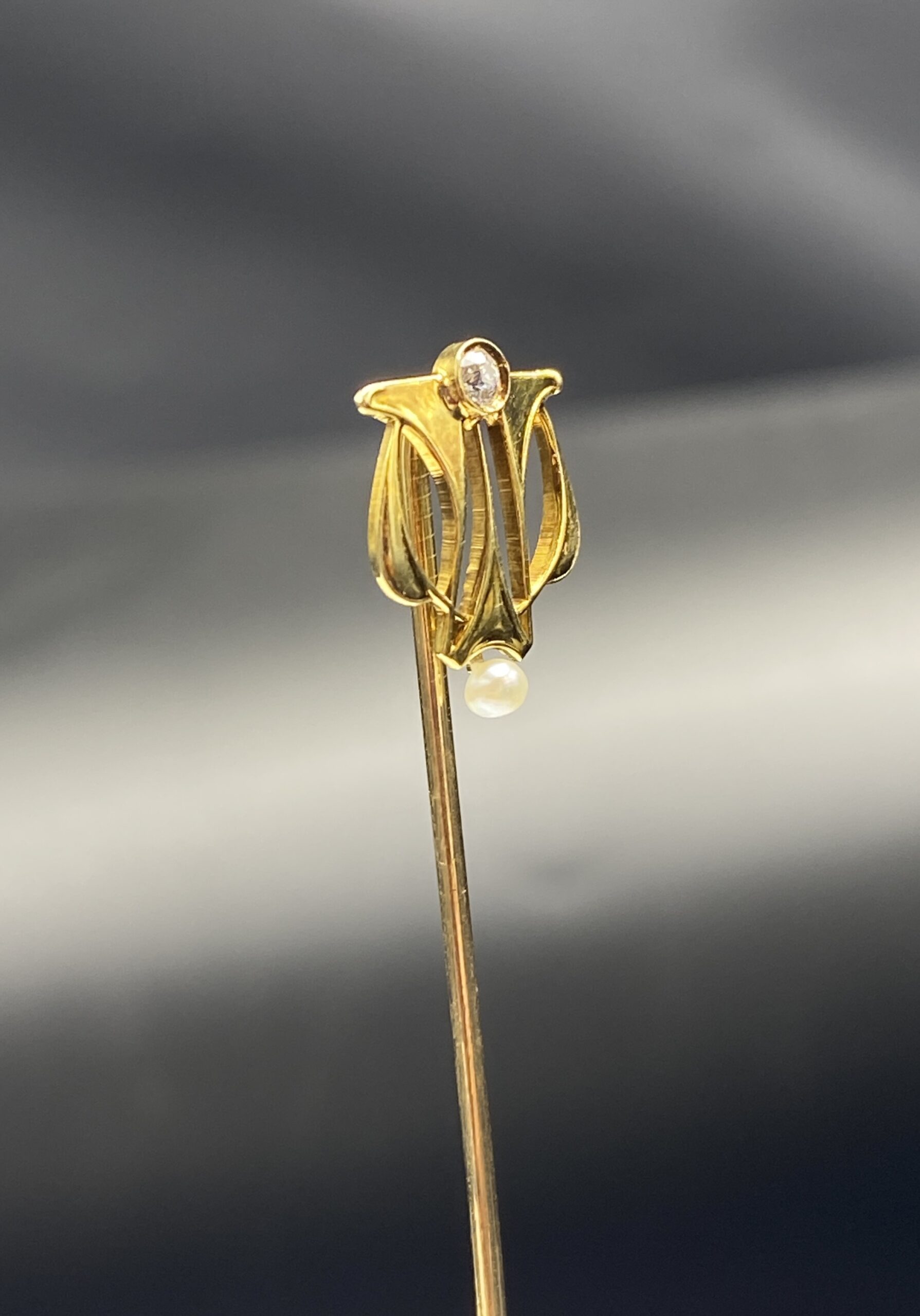 SOLD - Signed Alling and Co 14K Diamond and Pearl Art Nouveau Stick Pin - Image 3