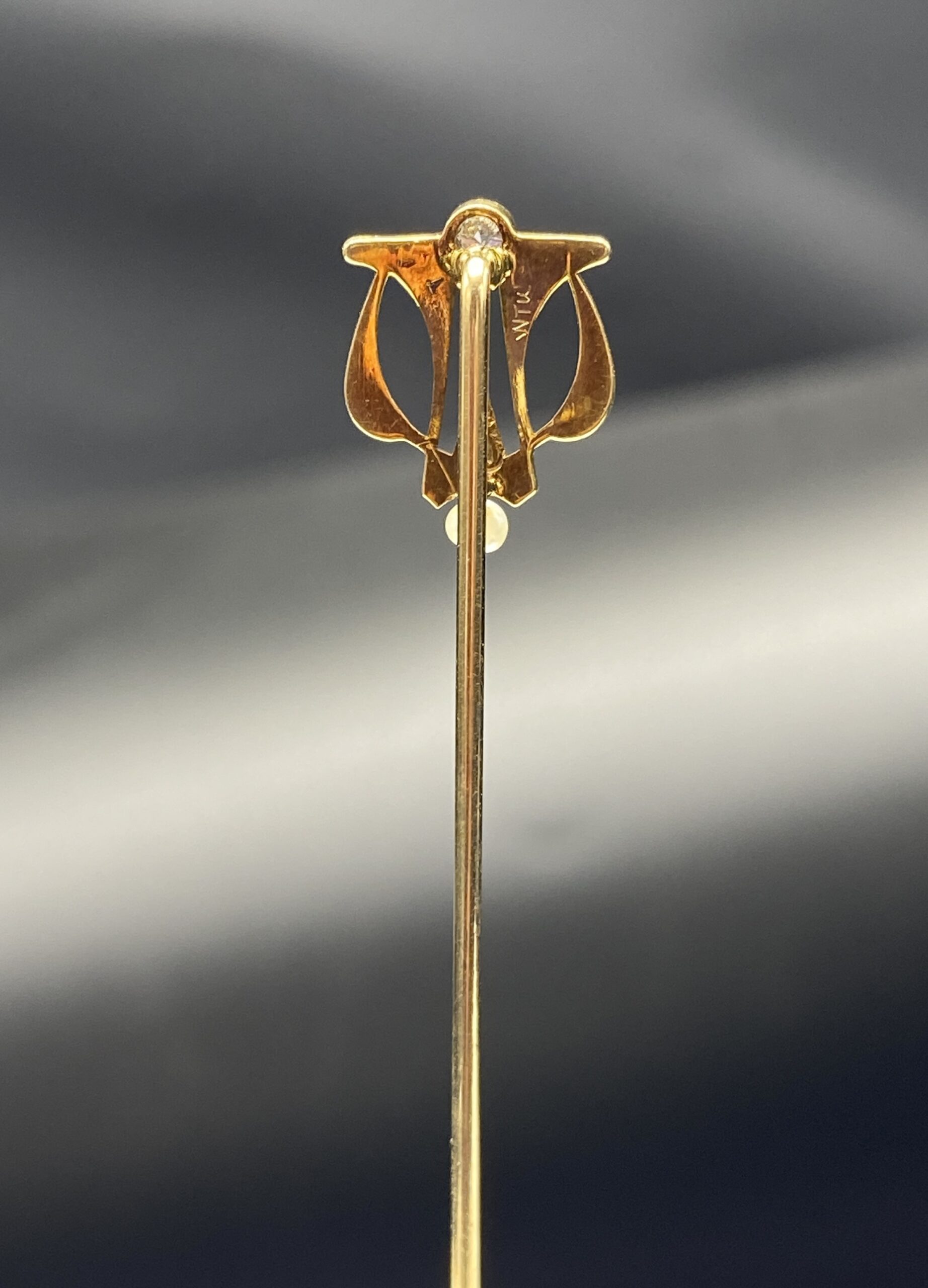 SOLD - Signed Alling and Co 14K Diamond and Pearl Art Nouveau Stick Pin - Image 4