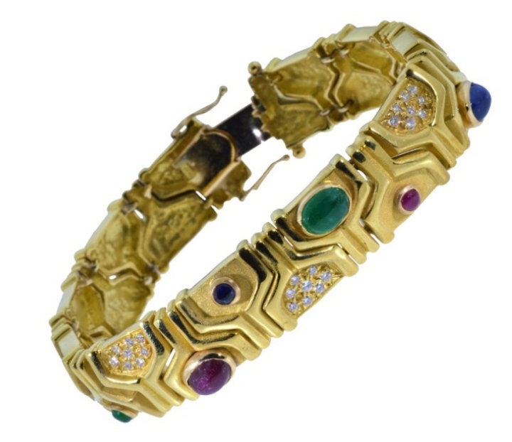 SOLD - The Reagan: Vintage Modernist bracelet set with Ruby, Emerald, Sapphire and Diamonds - Image 4