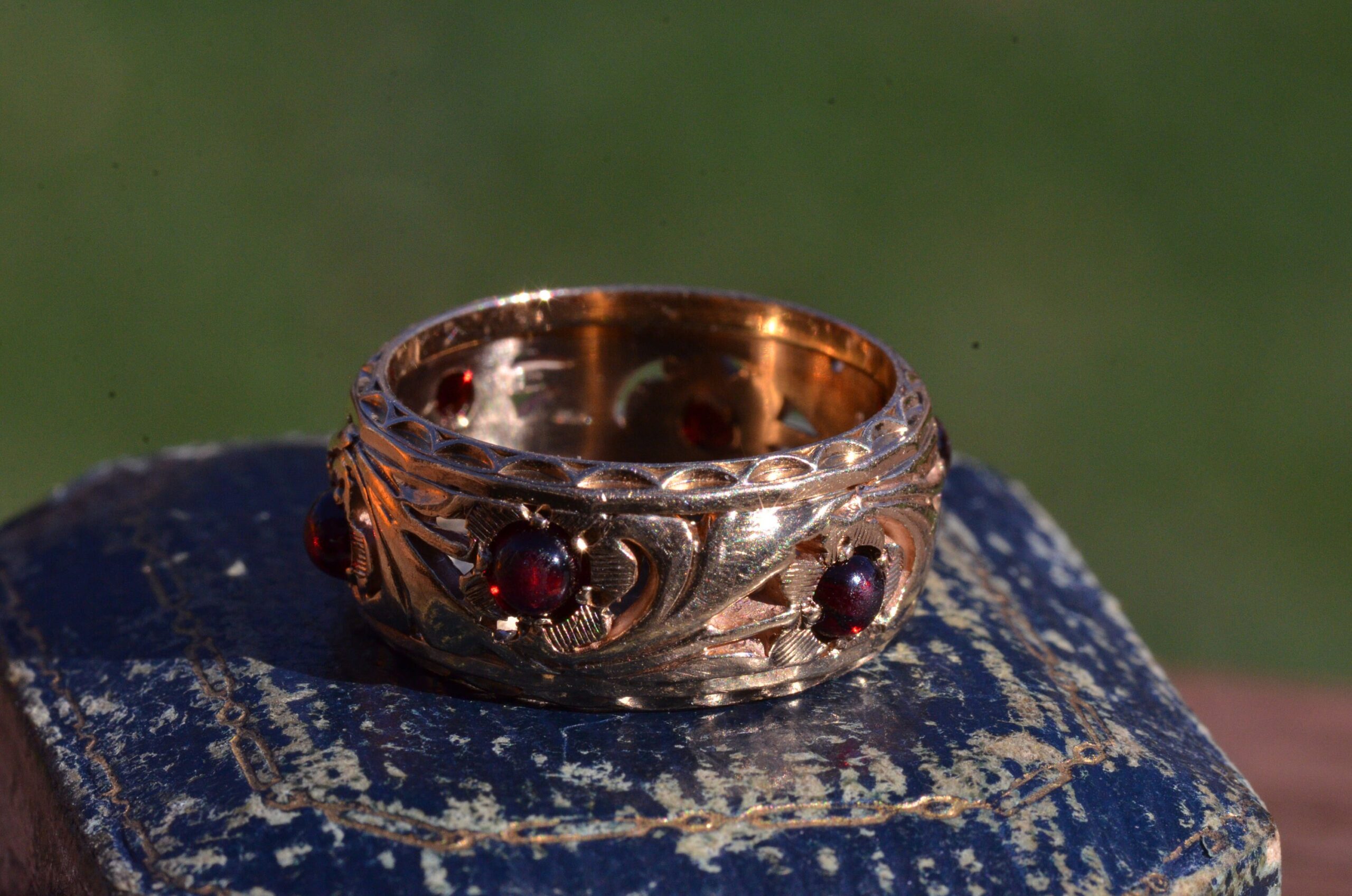 SOLD - The Carolyn: Antique Rose Gold Filigree Eternity Band set with Cabochon Garnets - Image 4