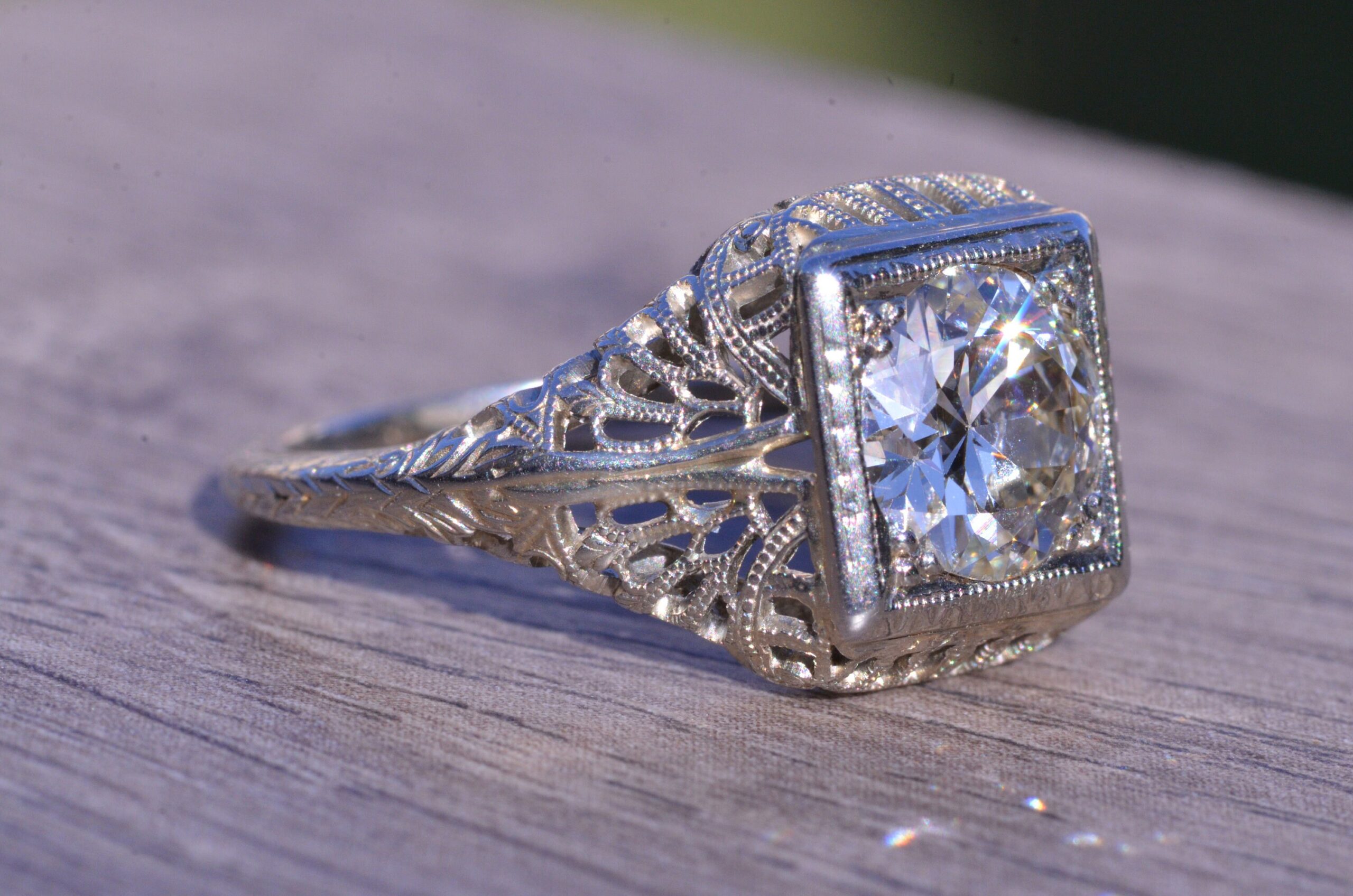 The Rebecca: Ladies 18 Karat White Gold Filigree engagement ring set with 1.30 Carat European Cut Diamond - Image 2