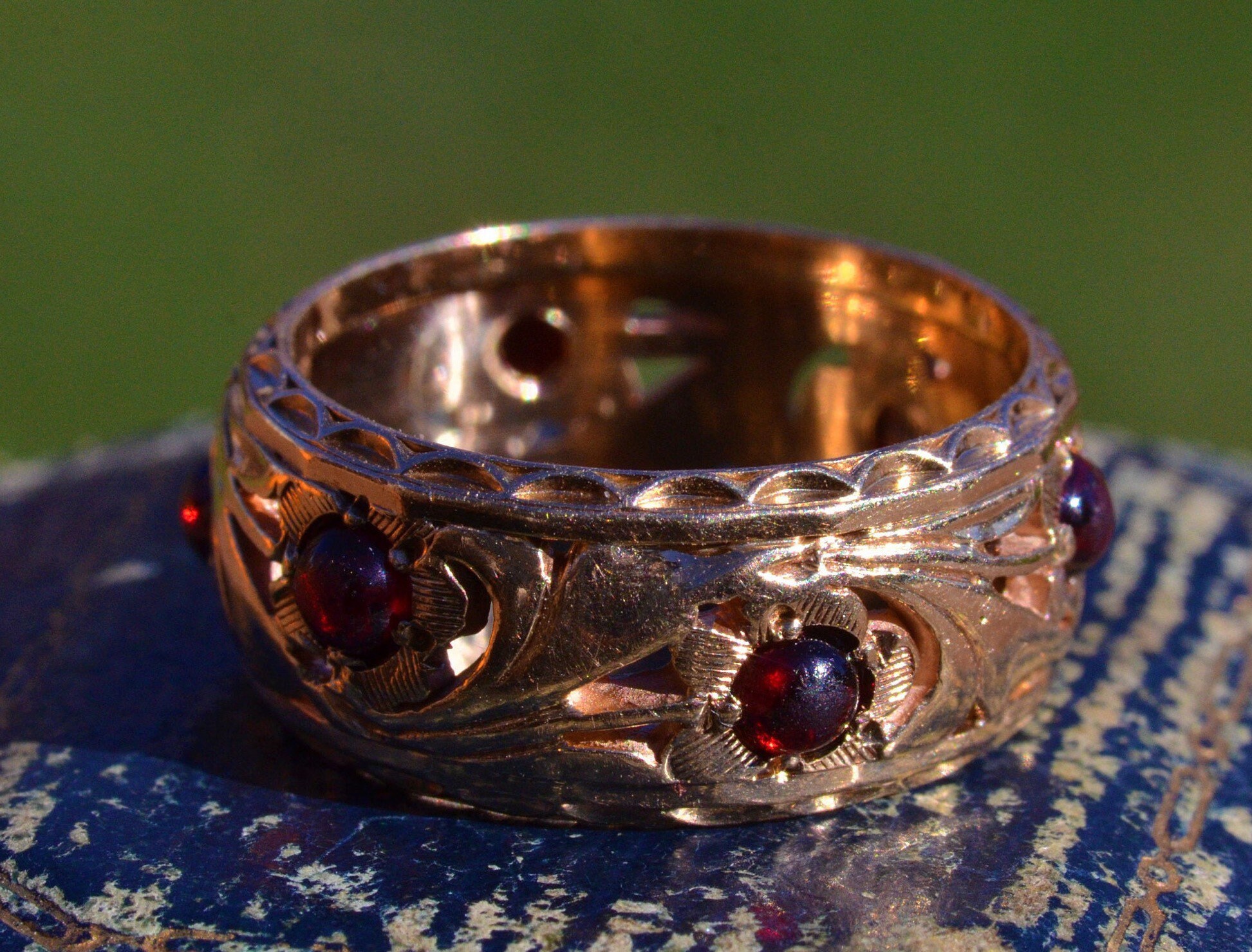 SOLD - The Carolyn: Antique Rose Gold Filigree Eternity Band set with Cabochon Garnets - Image 3