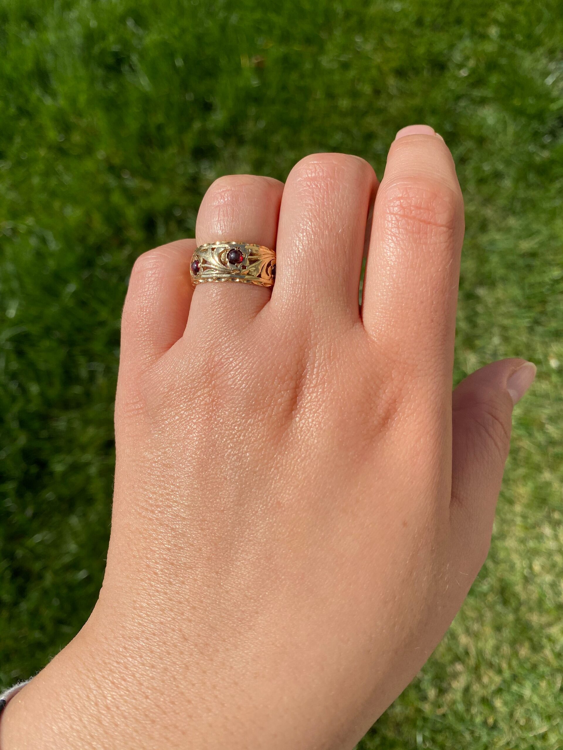 SOLD - The Carolyn: Antique Rose Gold Filigree Eternity Band set with Cabochon Garnets - Image 6