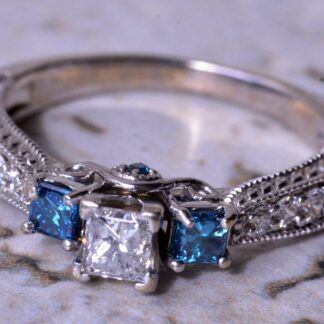 The Blaire:  Vintage Art Deco Inspired White Gold Engagement Ring set with White & Blue Diamonds