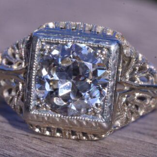 The Rebecca:  Ladies 18 Karat White Gold Filigree engagement ring set with 1.30 Carat European Cut Diamond