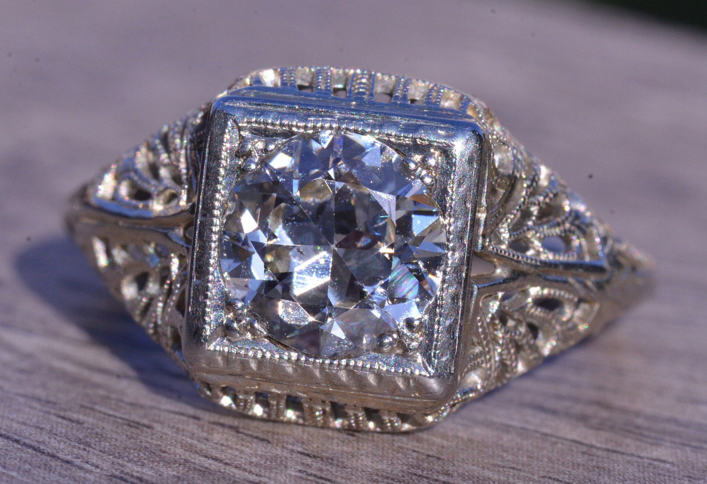 The Rebecca: Ladies 18 Karat White Gold Filigree engagement ring set with 1.30 Carat European Cut Diamond