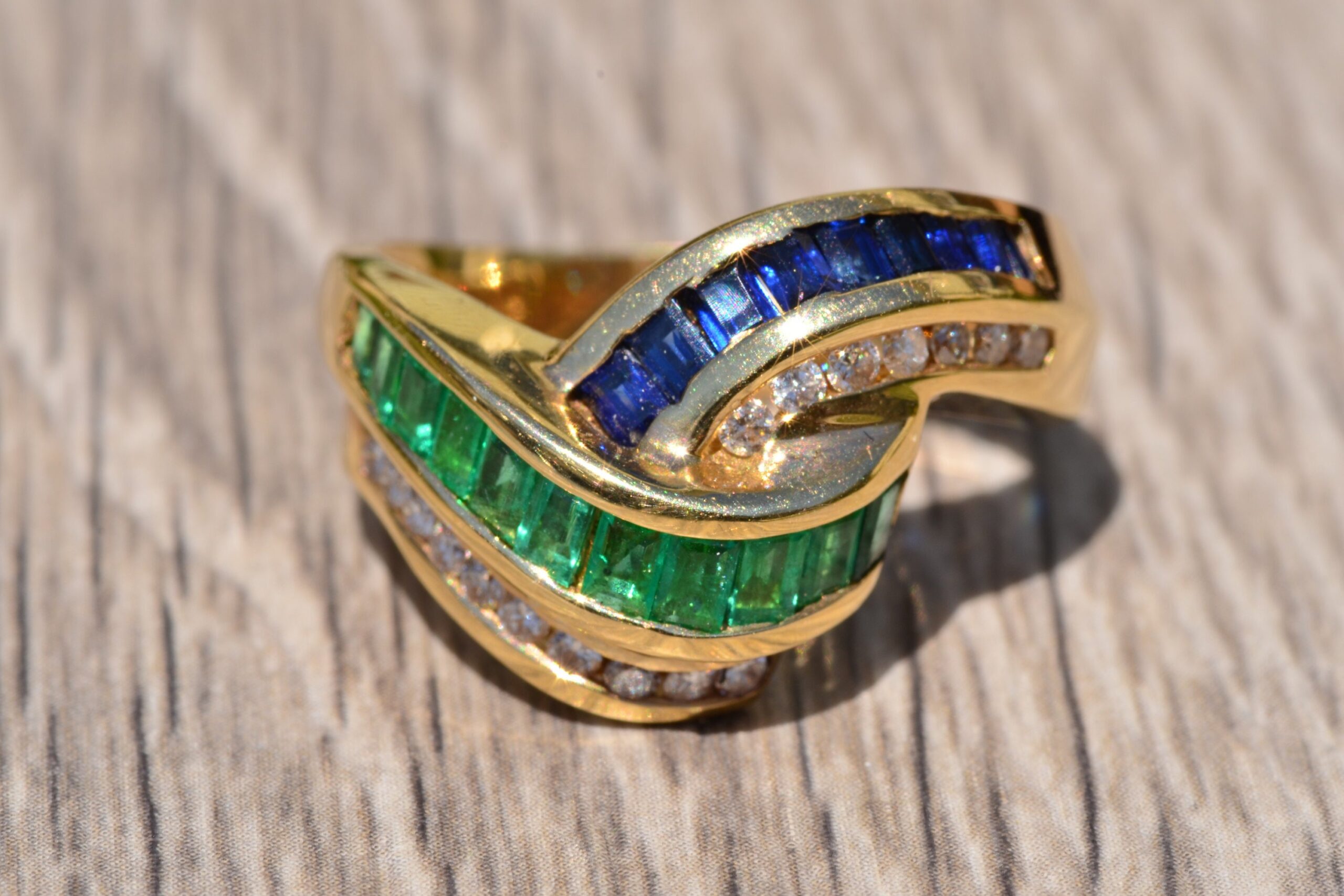 The Matador: Signed Emerald, Sapphire & Diamond Cocktail Wave Ring