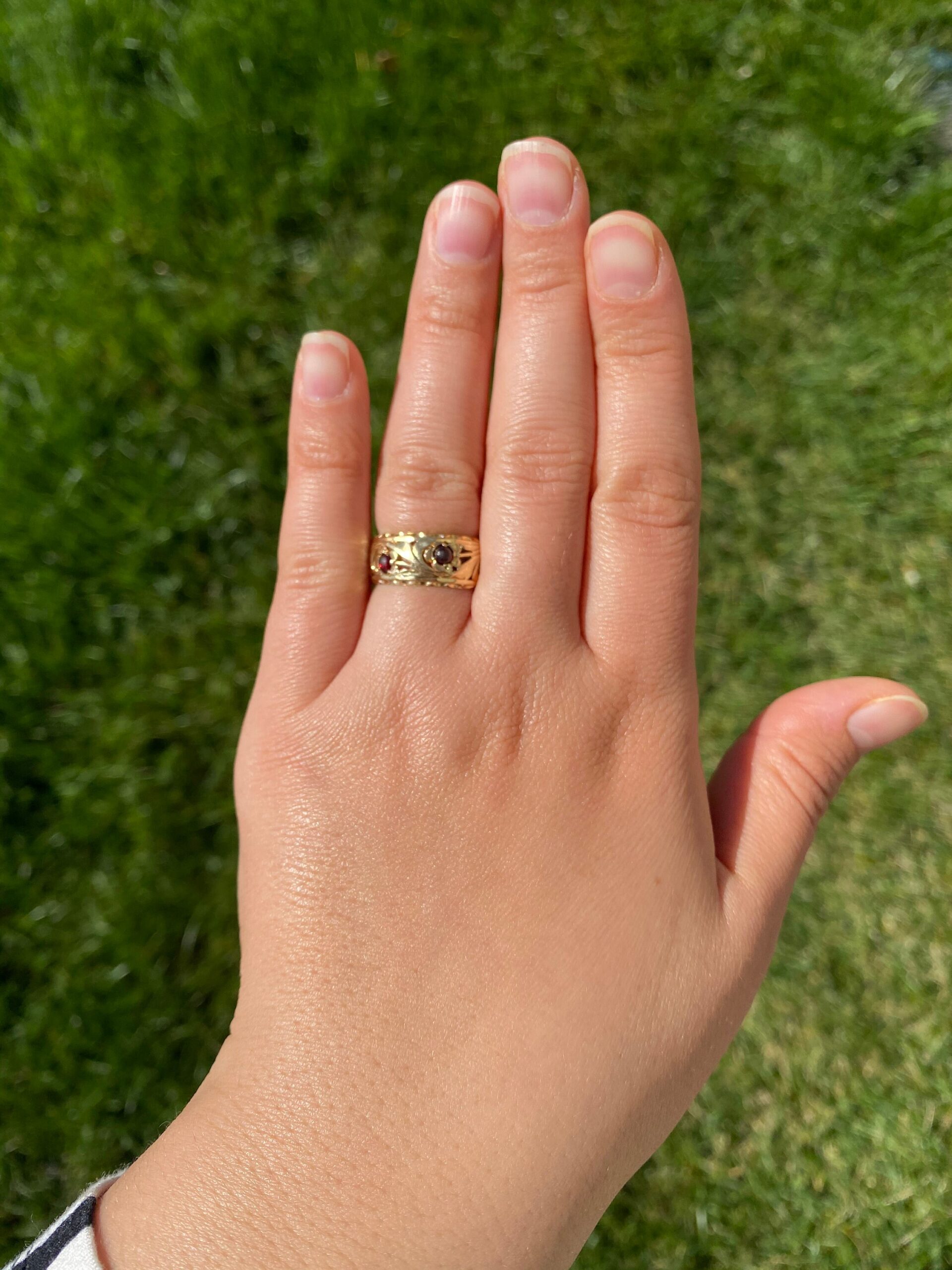SOLD - The Carolyn: Antique Rose Gold Filigree Eternity Band set with Cabochon Garnets - Image 5