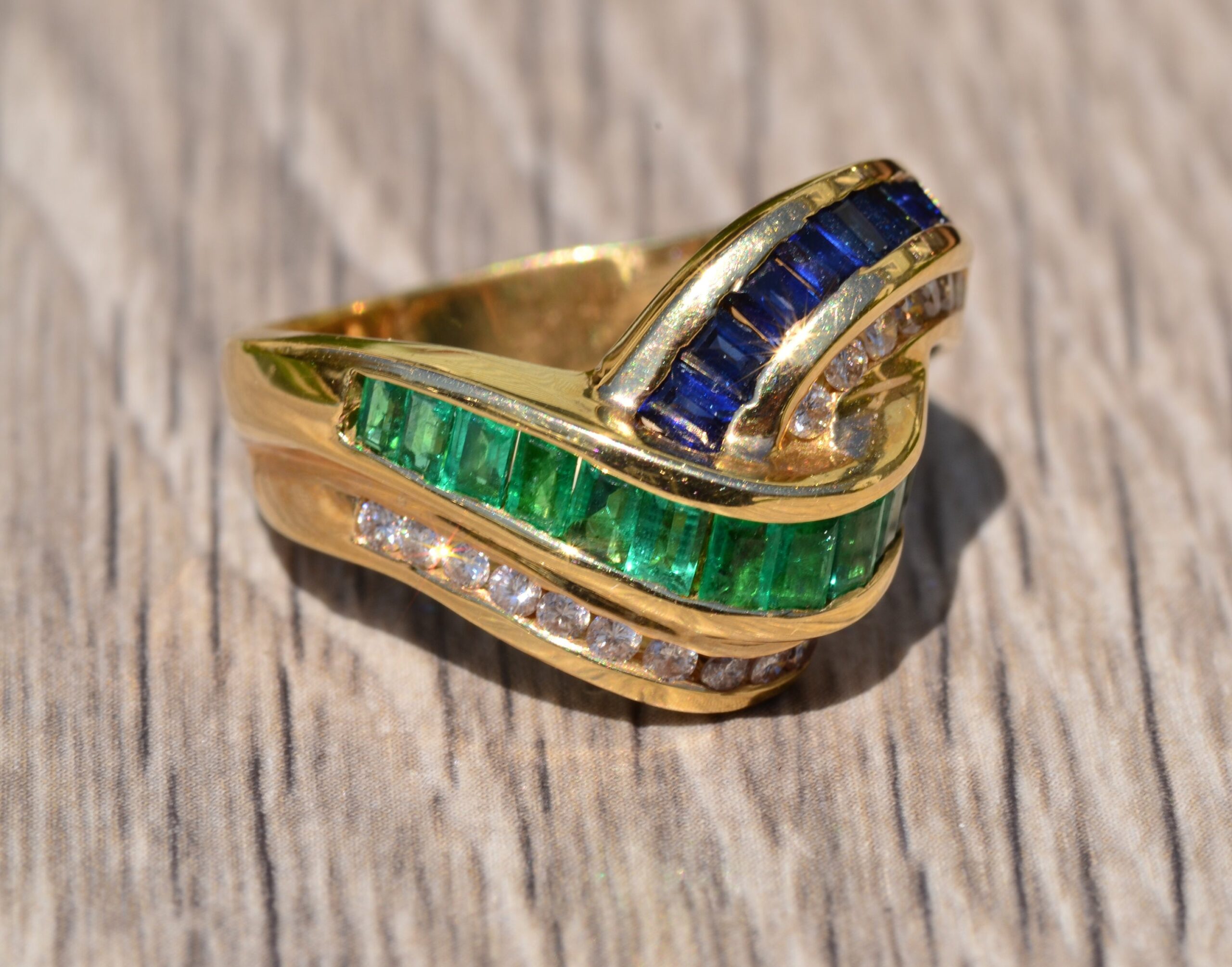 The Matador: Signed Emerald, Sapphire & Diamond Cocktail Wave Ring - Image 2
