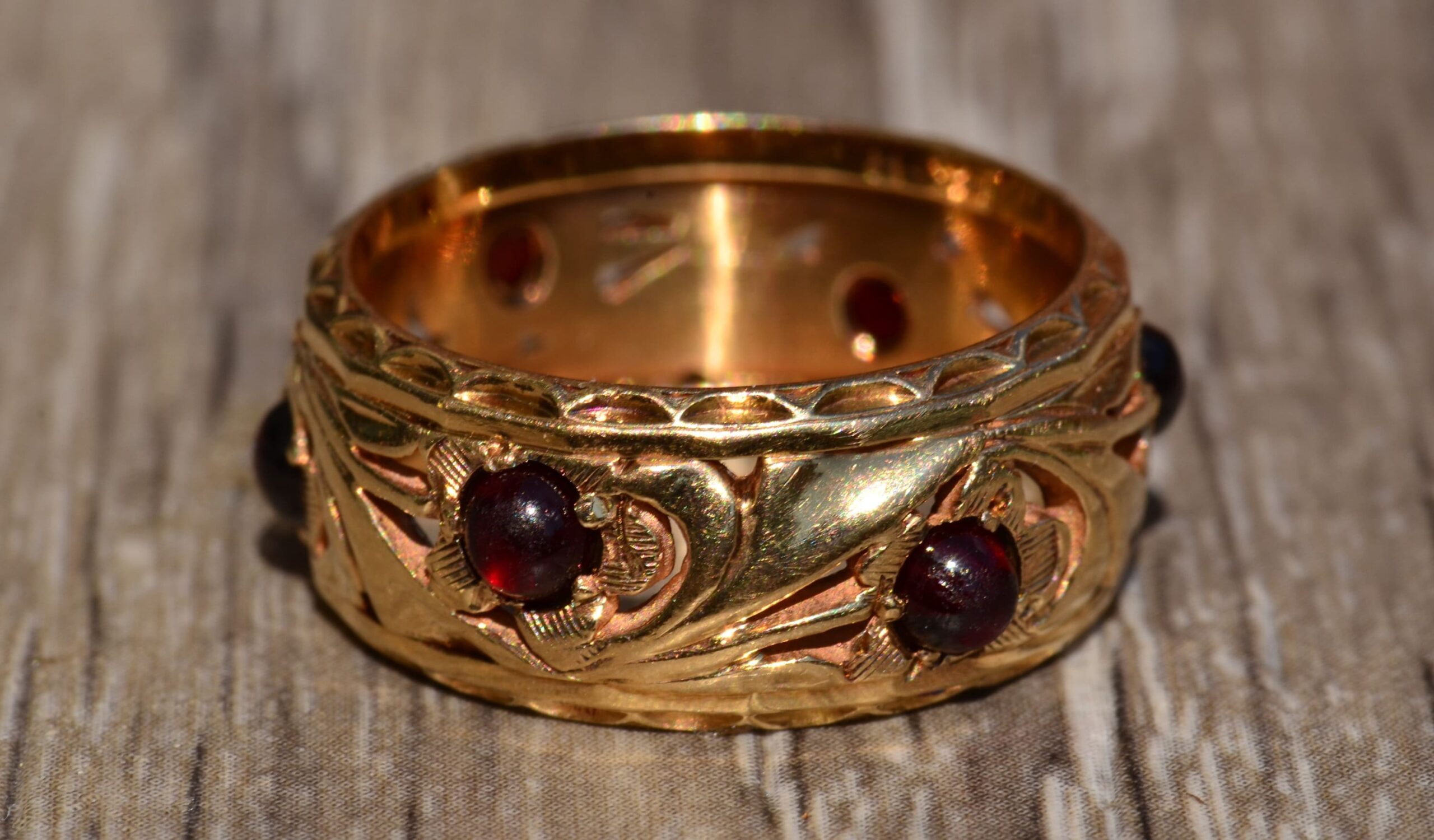 SOLD - The Carolyn: Antique Rose Gold Filigree Eternity Band set with Cabochon Garnets - Image 2