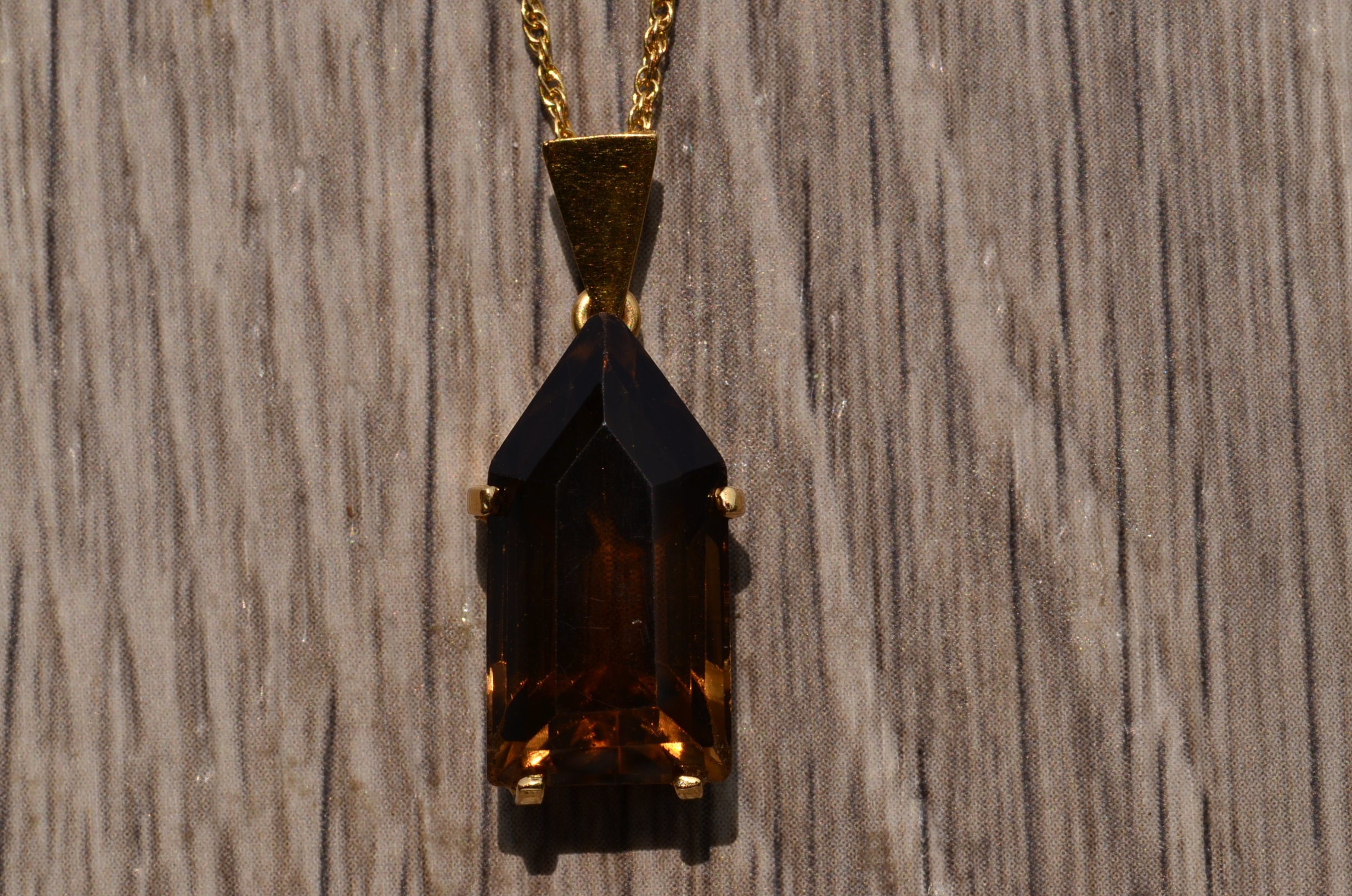 SOLD - The Haselton: Mid Century Modern Custom Cut Quartz Pendant in Yellow Gold - Image 2