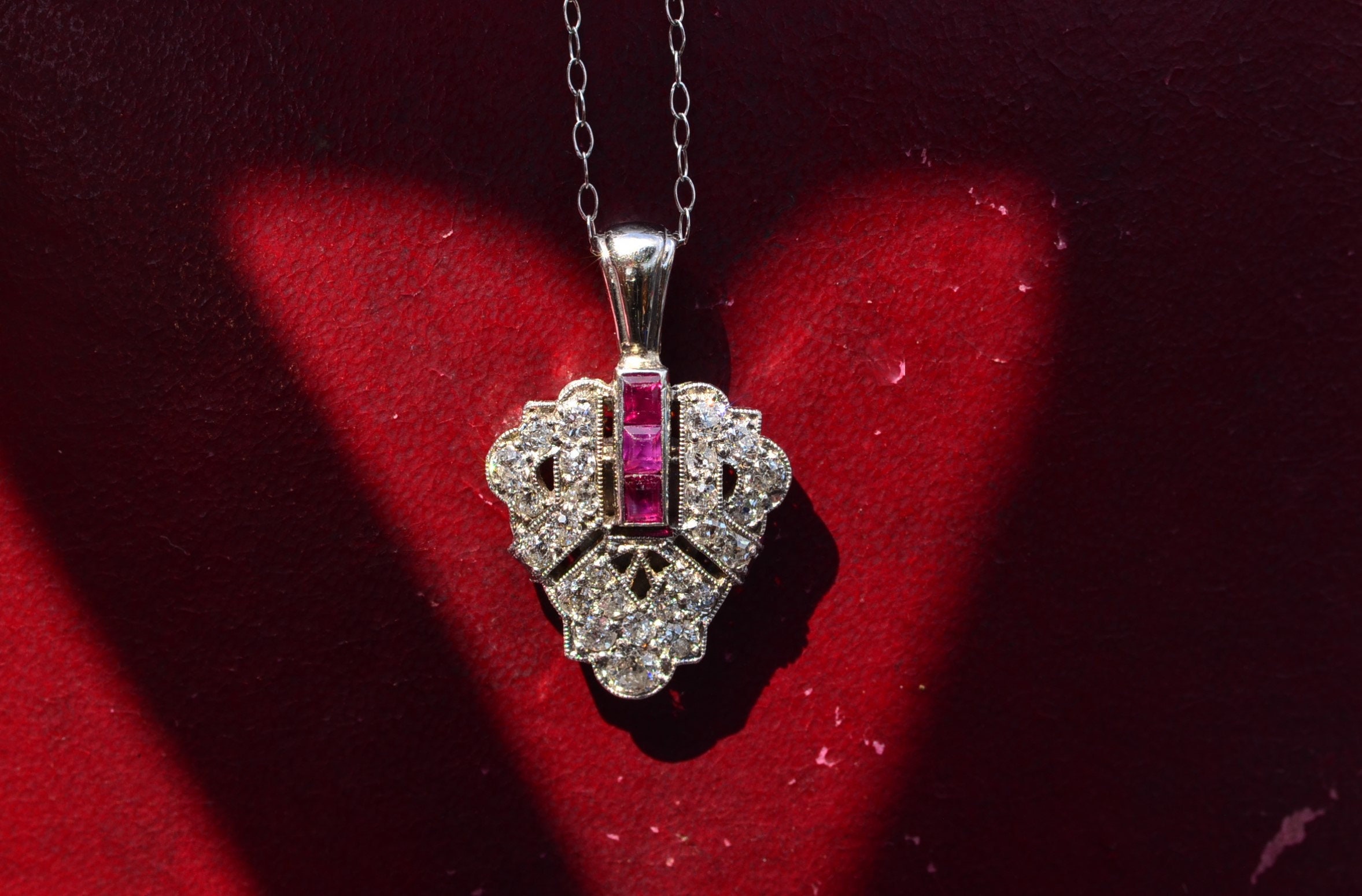 The Serenity:  Ladies Antique Filigree Pendant set with Rubies & Diamonds
