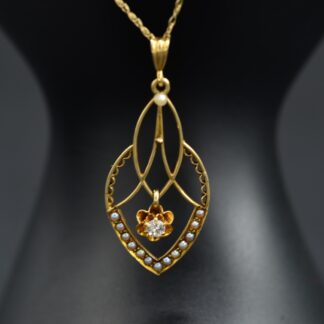 SOLD - The Ames:  Vintage Yellow Gold Pendant Set with Seed Pearls and Diamond
