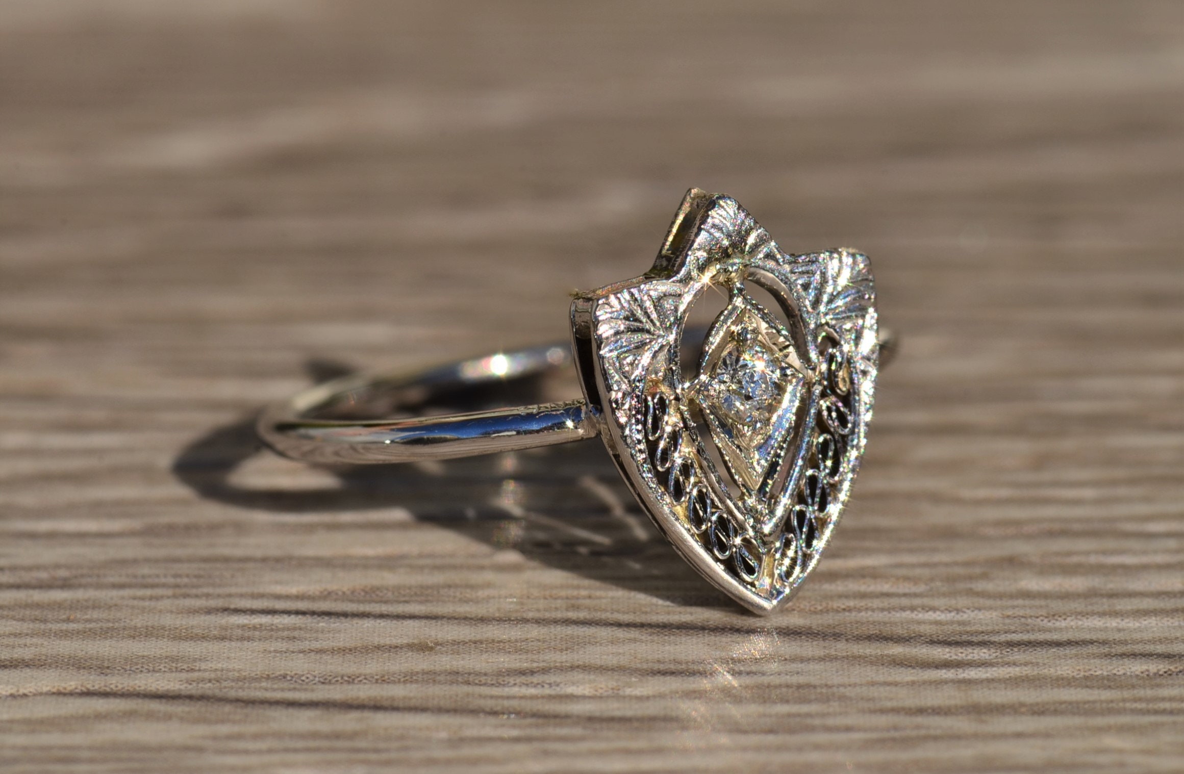SOLD - The Audrina: Unique Antique White Gold and Diamond Shield Ring - Image 5