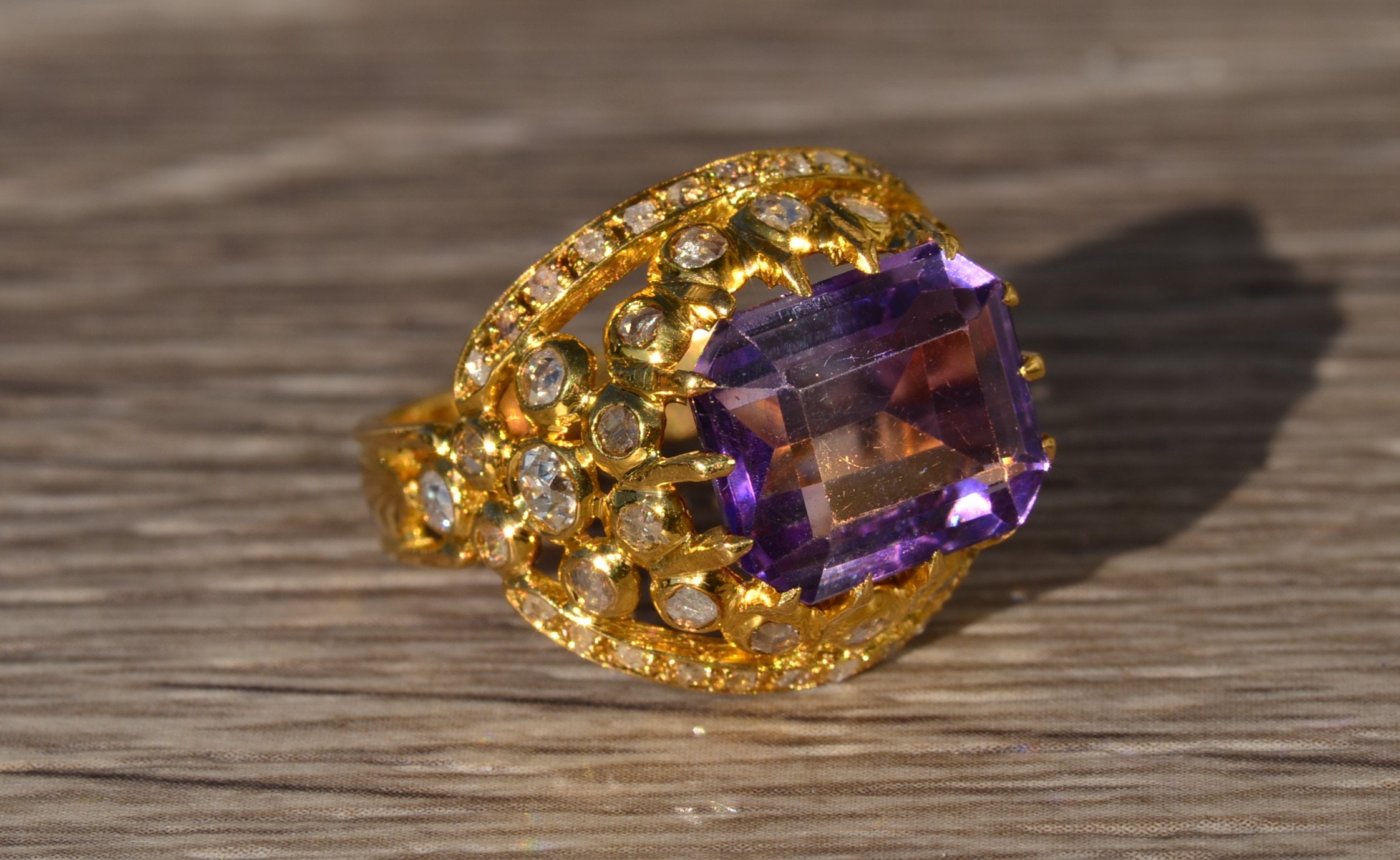 The Florina: Ladies Signed Georgian Amethyst and Diamond Cocktail Ring in 18K Gold - Image 6