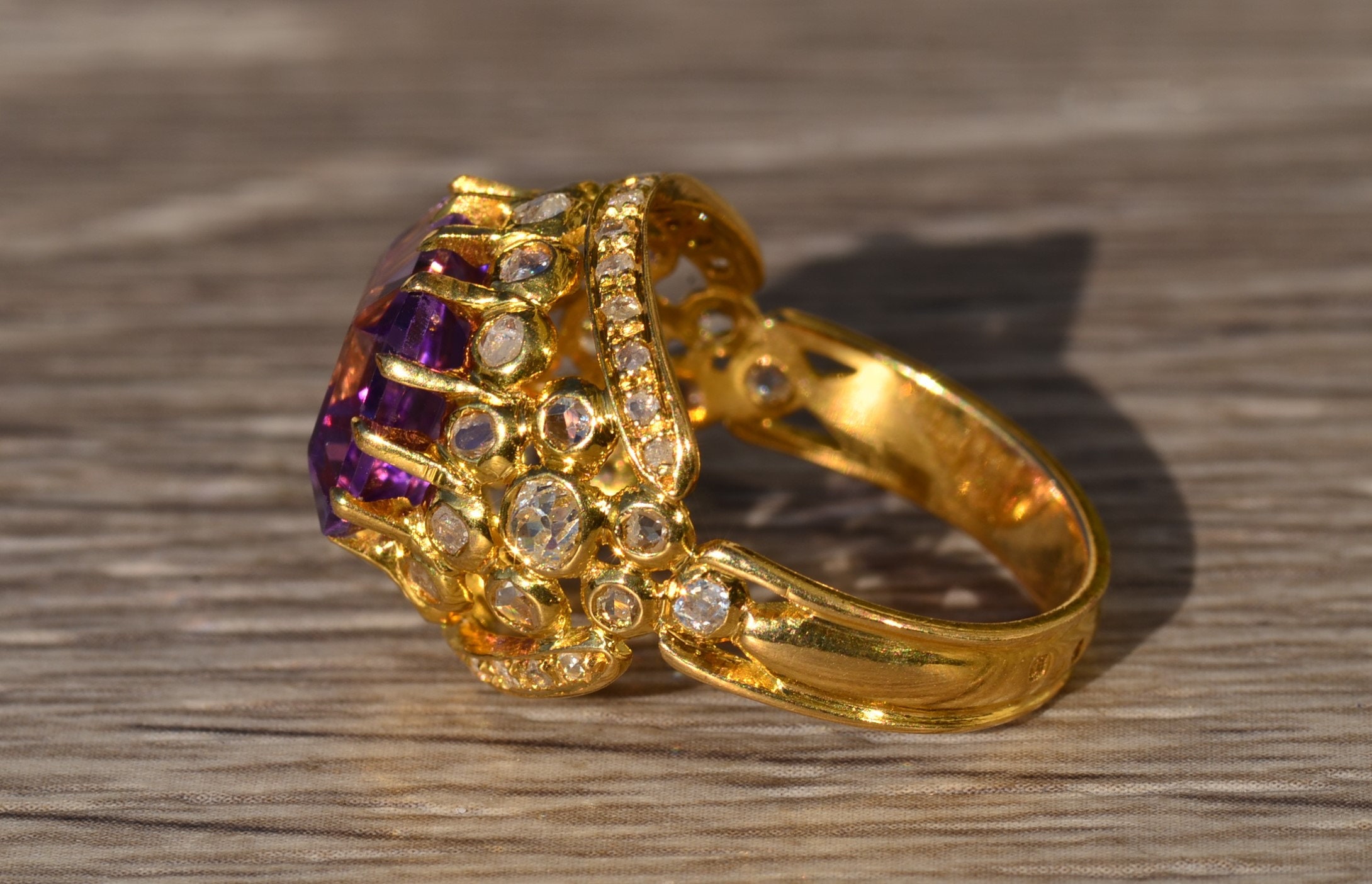 The Florina: Ladies Signed Georgian Amethyst and Diamond Cocktail Ring in 18K Gold - Image 3