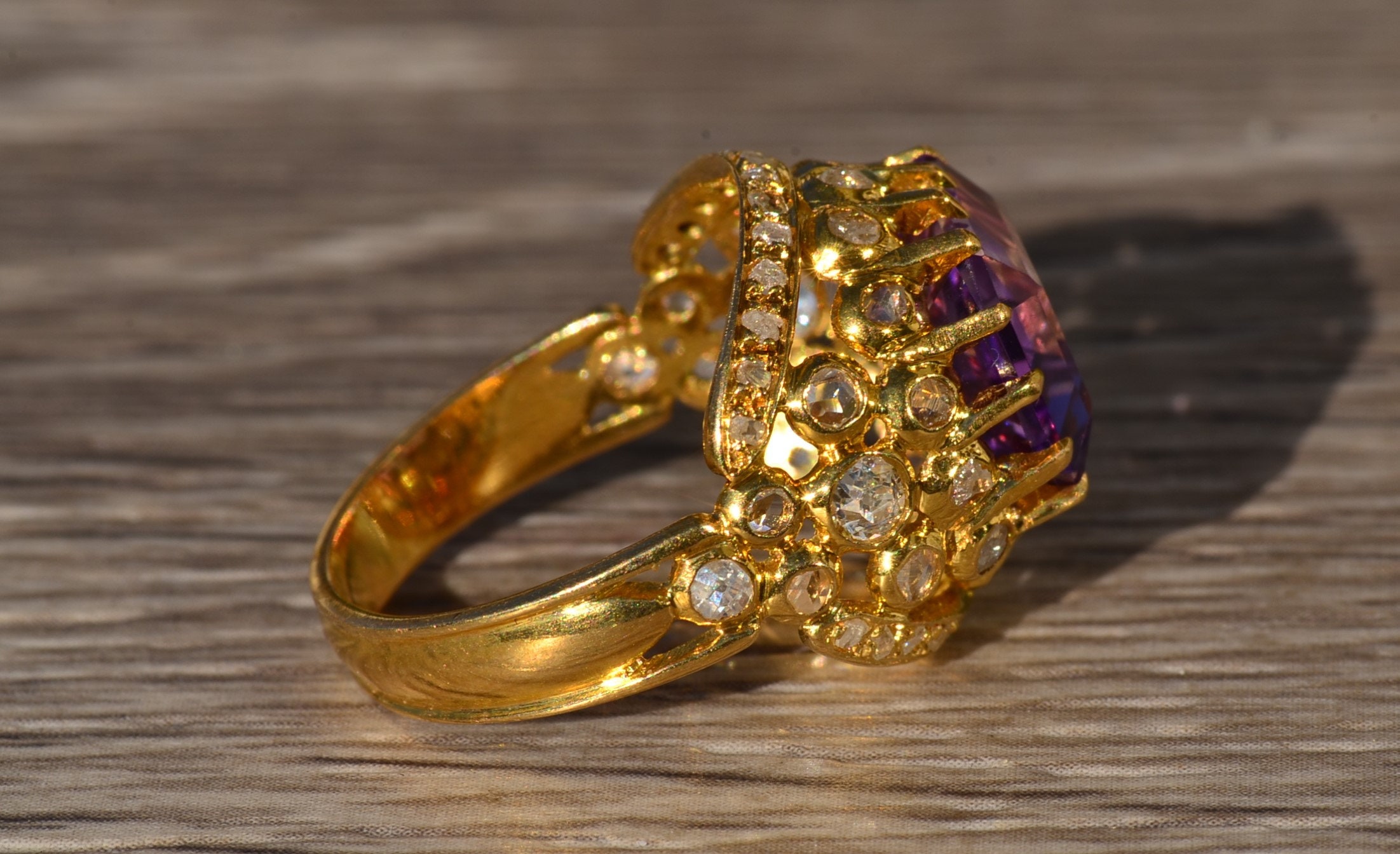 The Florina: Ladies Signed Georgian Amethyst and Diamond Cocktail Ring in 18K Gold - Image 5