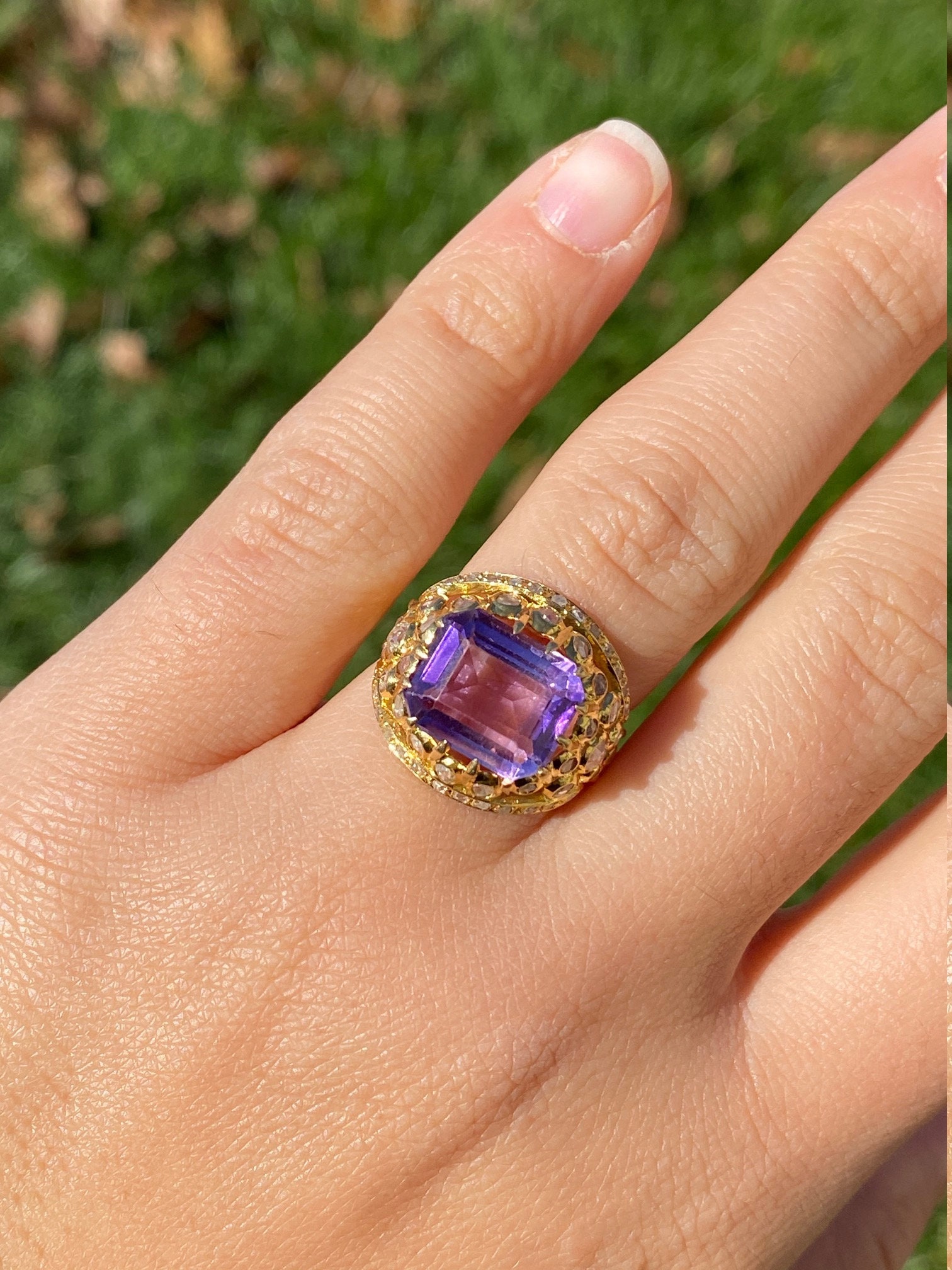 The Florina: Ladies Signed Georgian Amethyst and Diamond Cocktail Ring in 18K Gold - Image 8