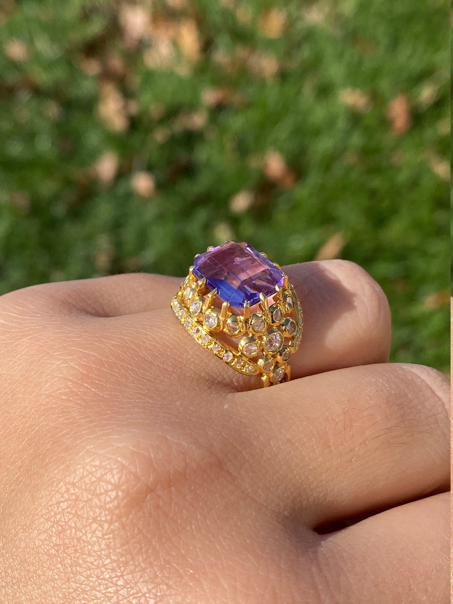 The Florina: Ladies Signed Georgian Amethyst and Diamond Cocktail Ring in 18K Gold - Image 9