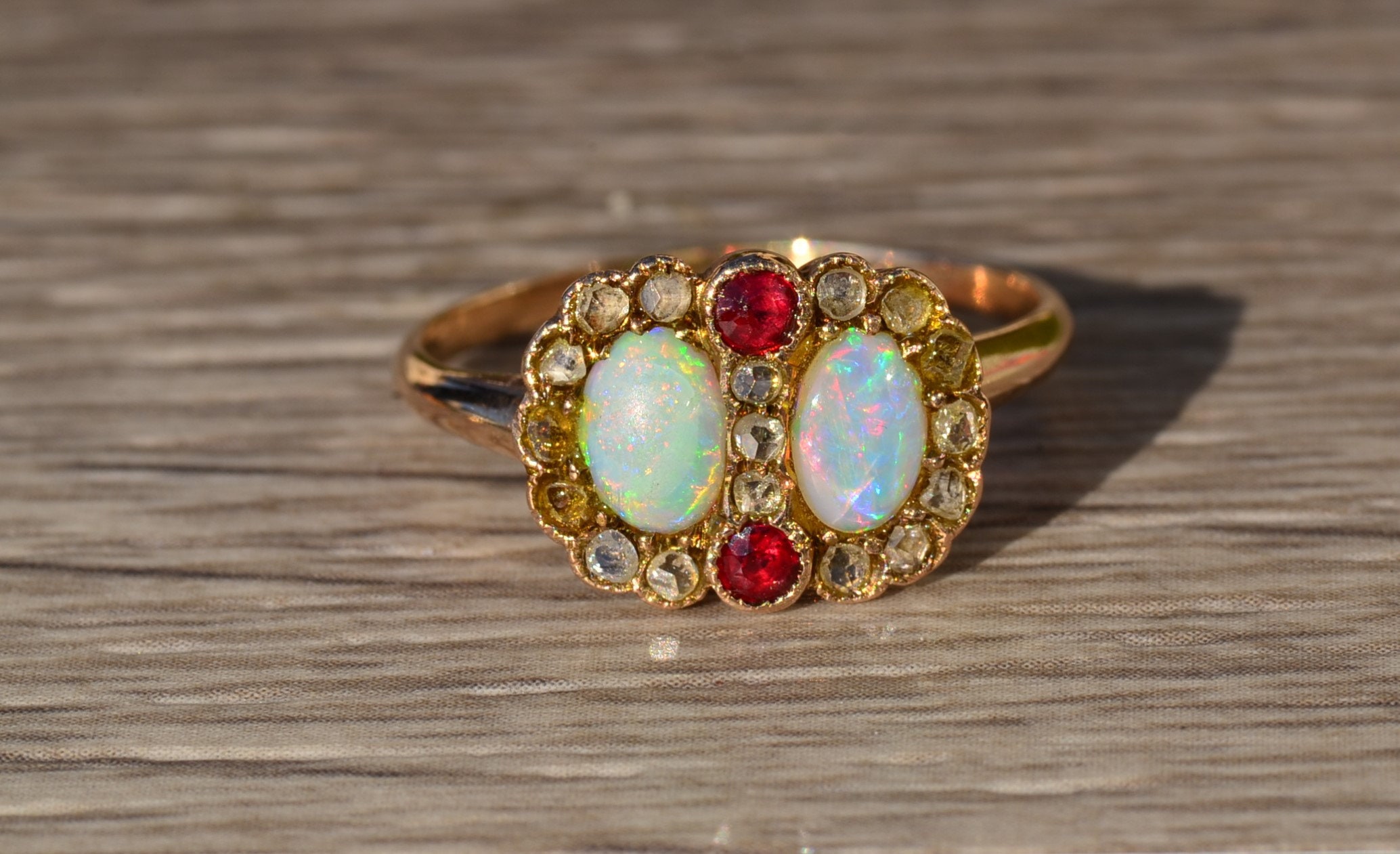 SOLD - The Baffin: Ladies Antique 14K Opal, Ruby and Rose Cut Diamond Ring - Image 6