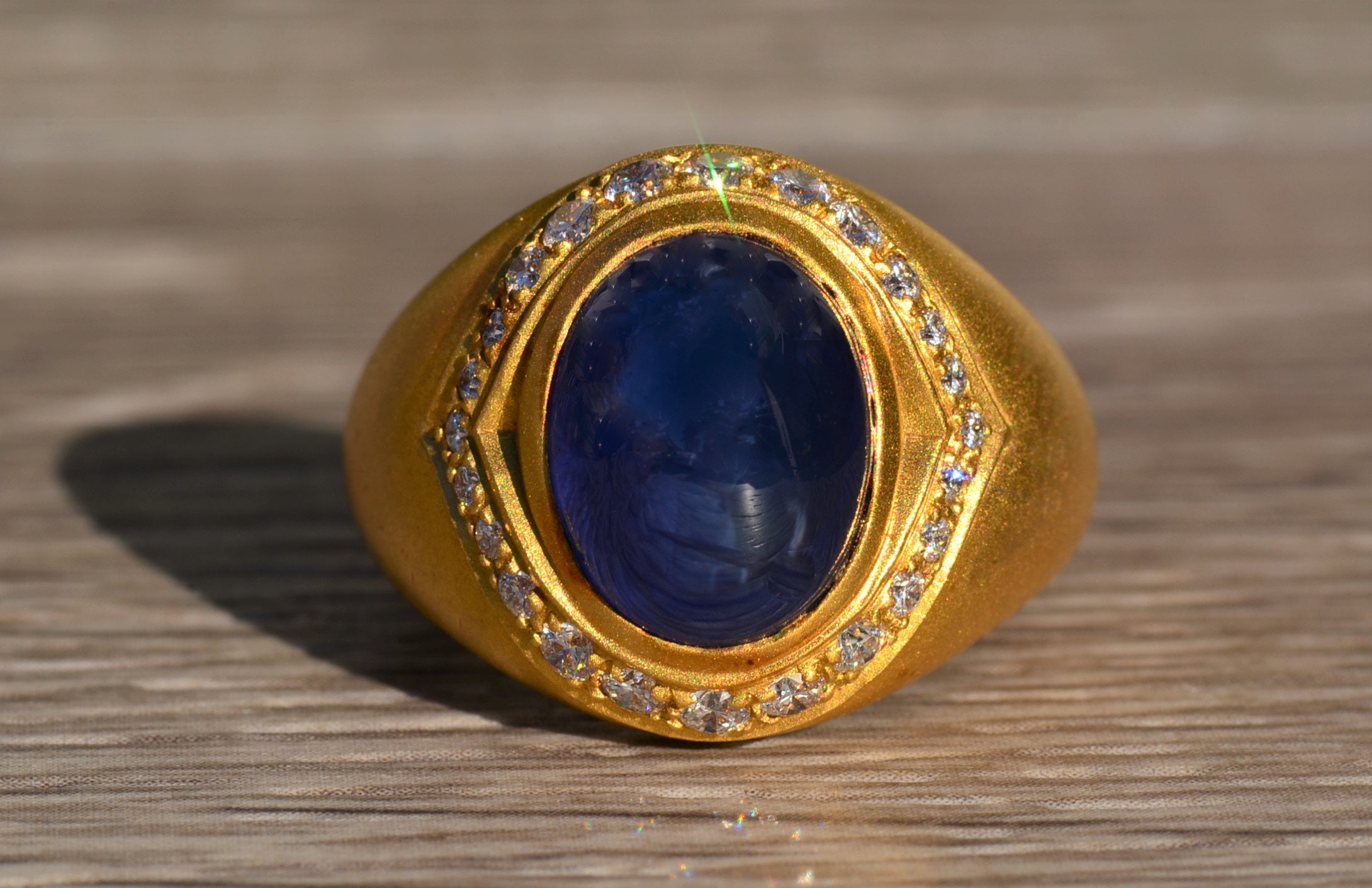 SOLD - Men's Signed Sugarloaf Sapphire and Diamond Ring in 18 K Gold