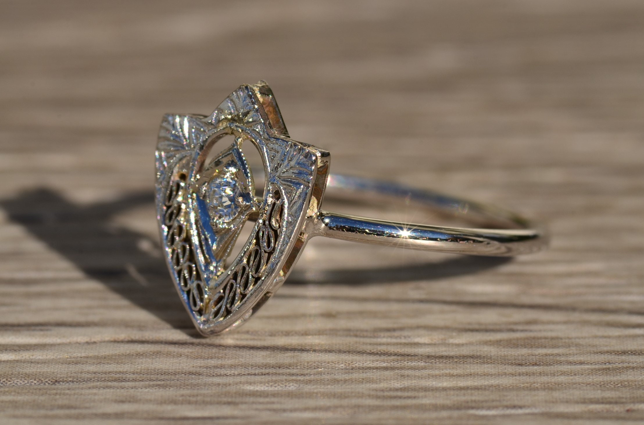 SOLD - The Audrina: Unique Antique White Gold and Diamond Shield Ring - Image 2