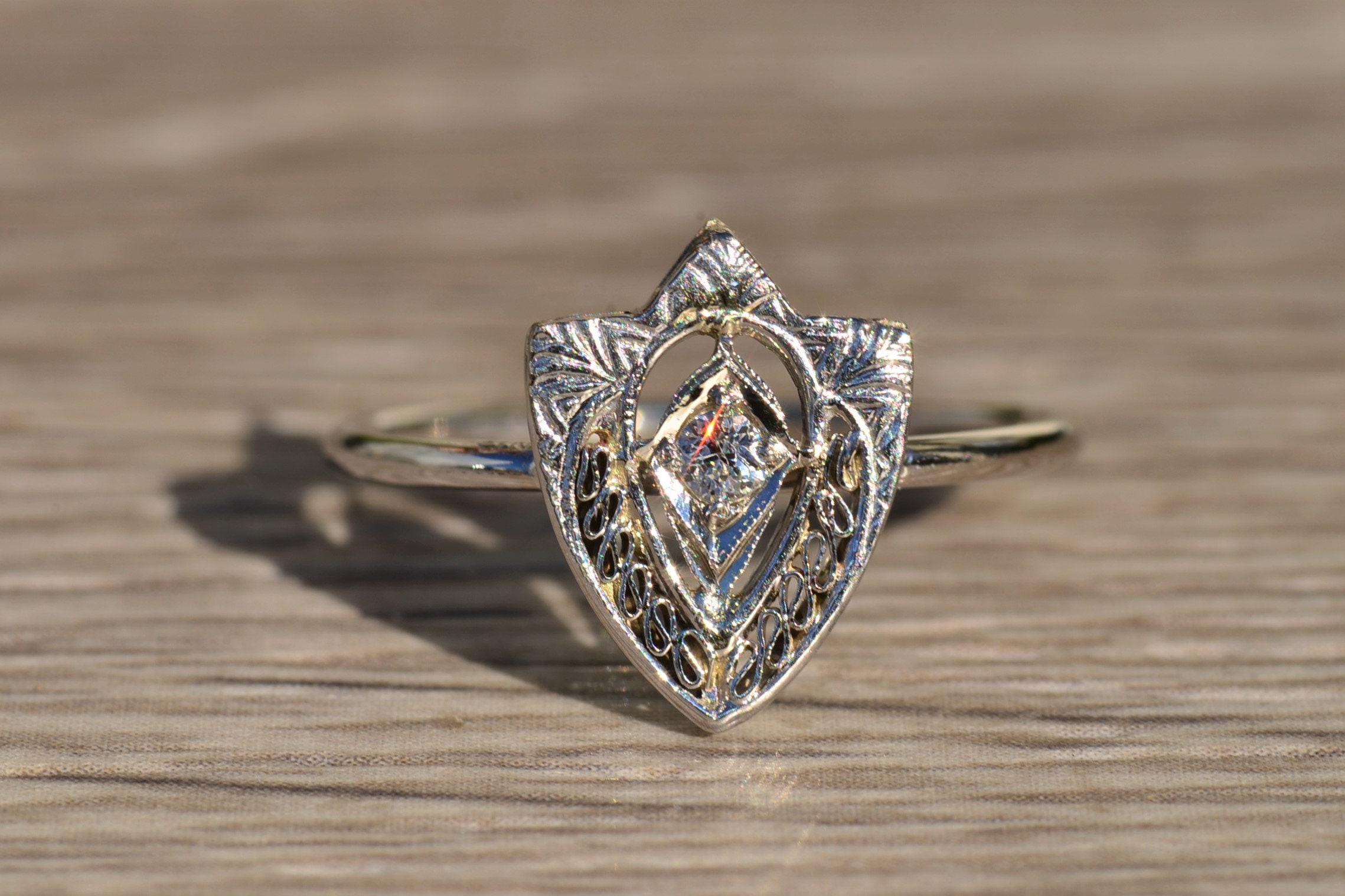 SOLD - The Audrina: Unique Antique White Gold and Diamond Shield Ring - Image 6