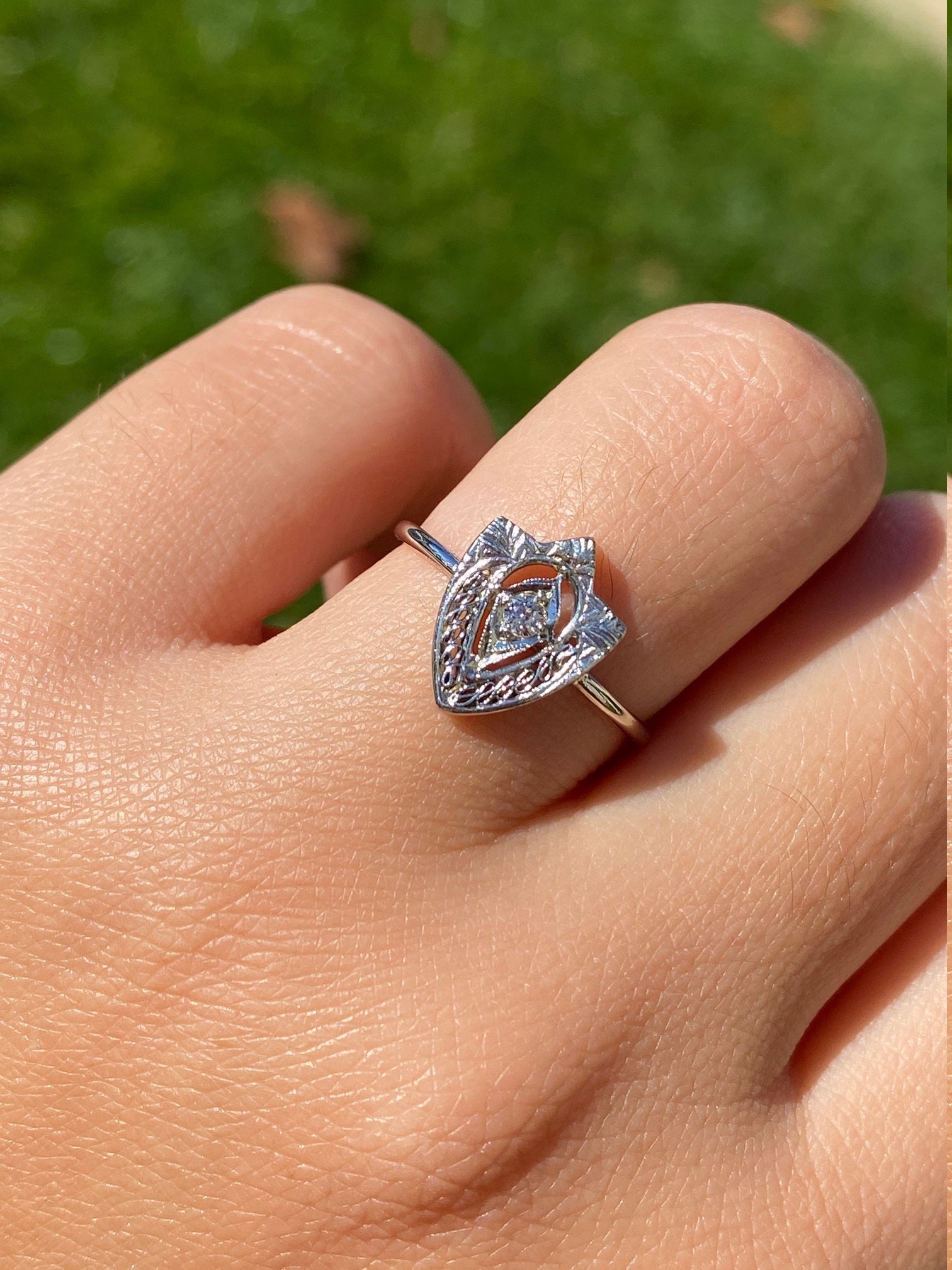 SOLD - The Audrina: Unique Antique White Gold and Diamond Shield Ring - Image 7
