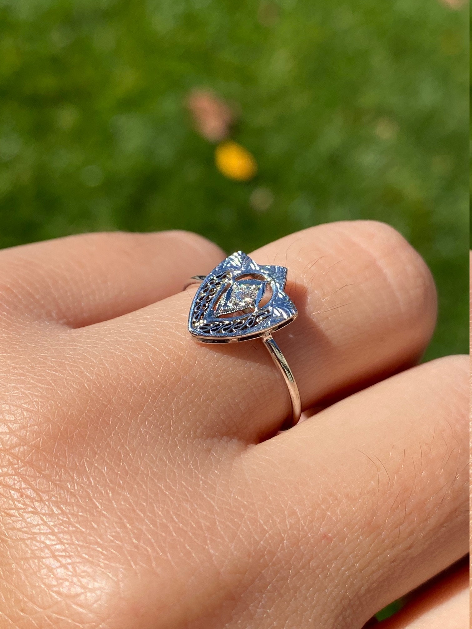SOLD - The Audrina: Unique Antique White Gold and Diamond Shield Ring - Image 8