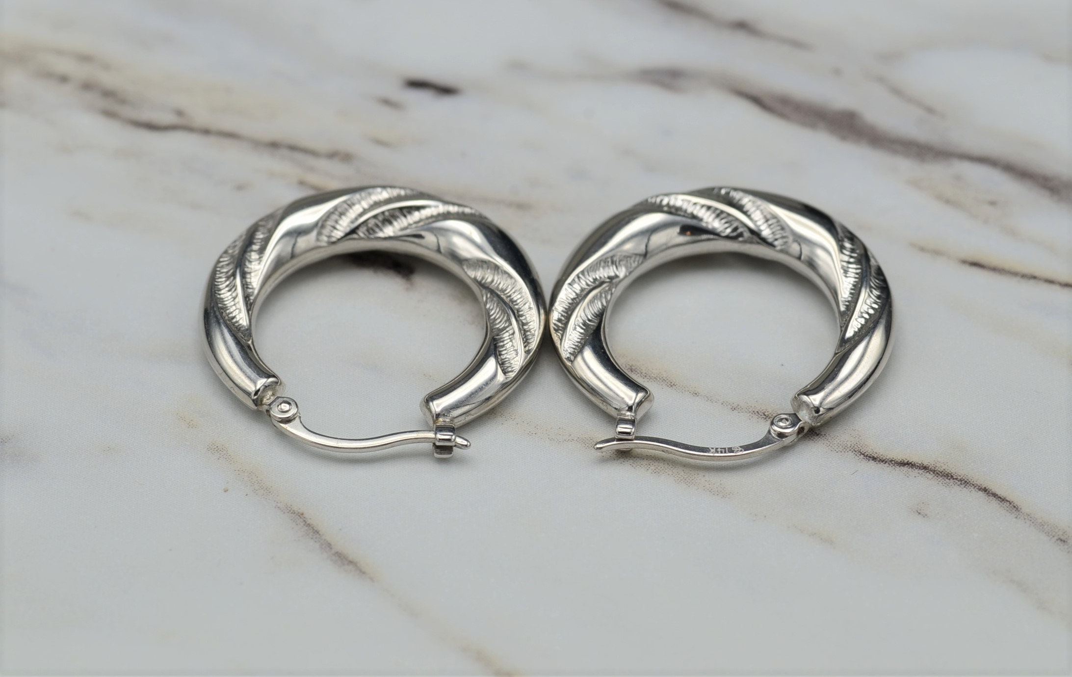 SOLD - The Tellins: 14K White Gold Textured Hoop Earrings - Image 3