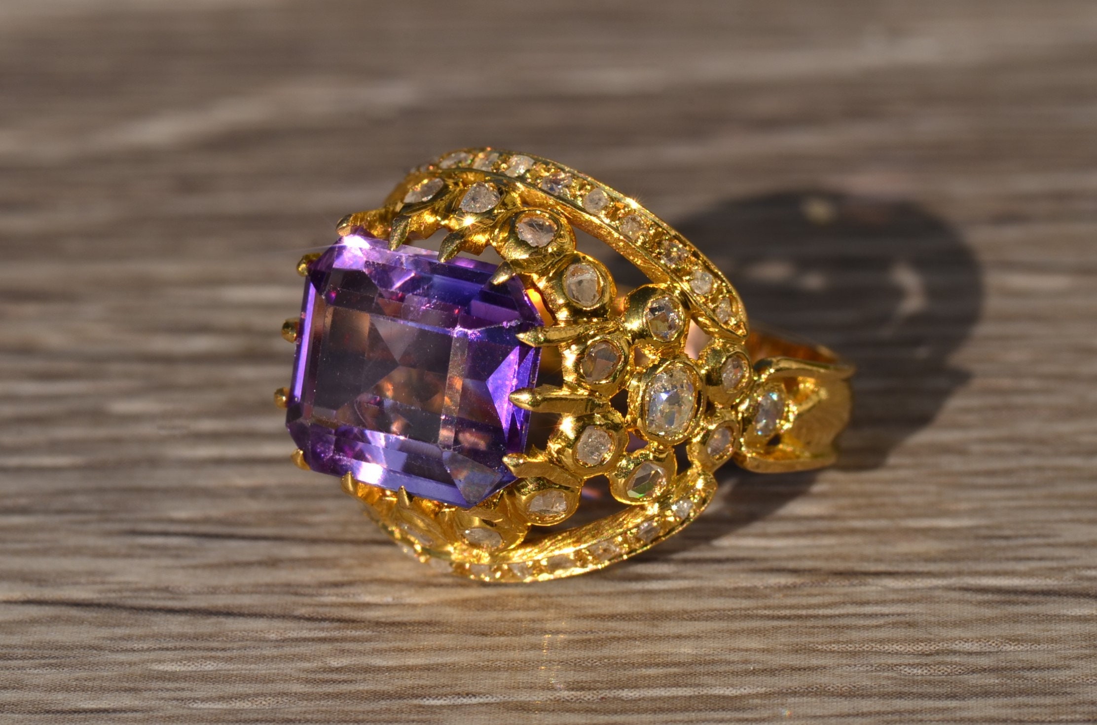 The Florina: Ladies Signed Georgian Amethyst and Diamond Cocktail Ring in 18K Gold - Image 2