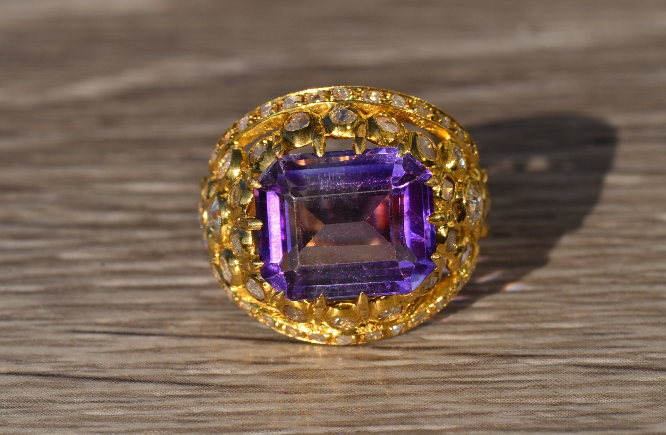 The Florina: Ladies Signed Georgian Amethyst and Diamond Cocktail Ring in 18K Gold - Image 7