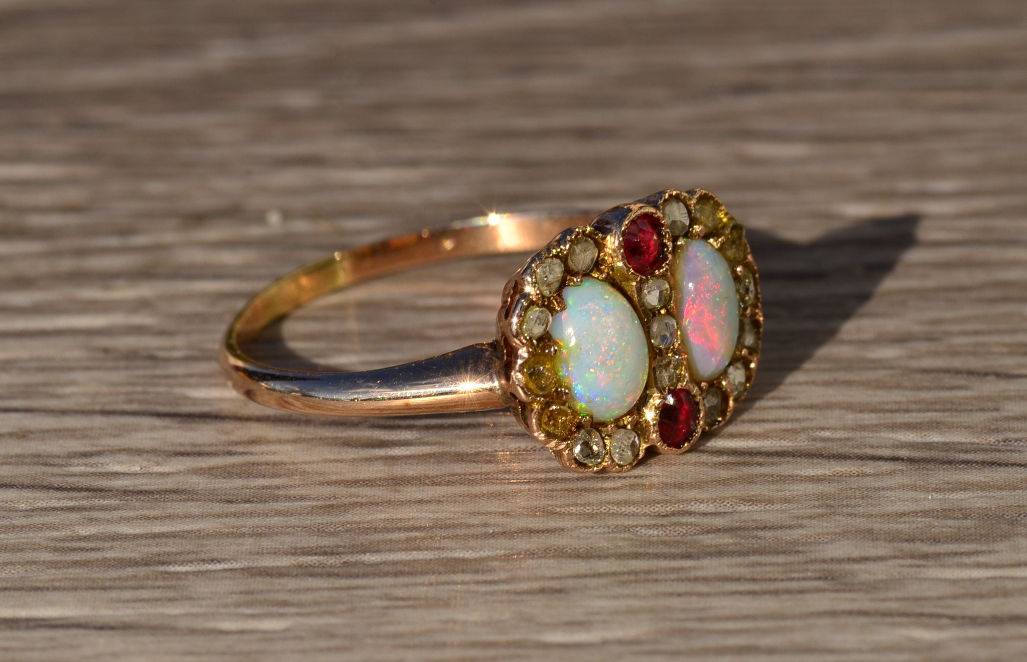 SOLD - The Baffin: Ladies Antique 14K Opal, Ruby and Rose Cut Diamond Ring - Image 5