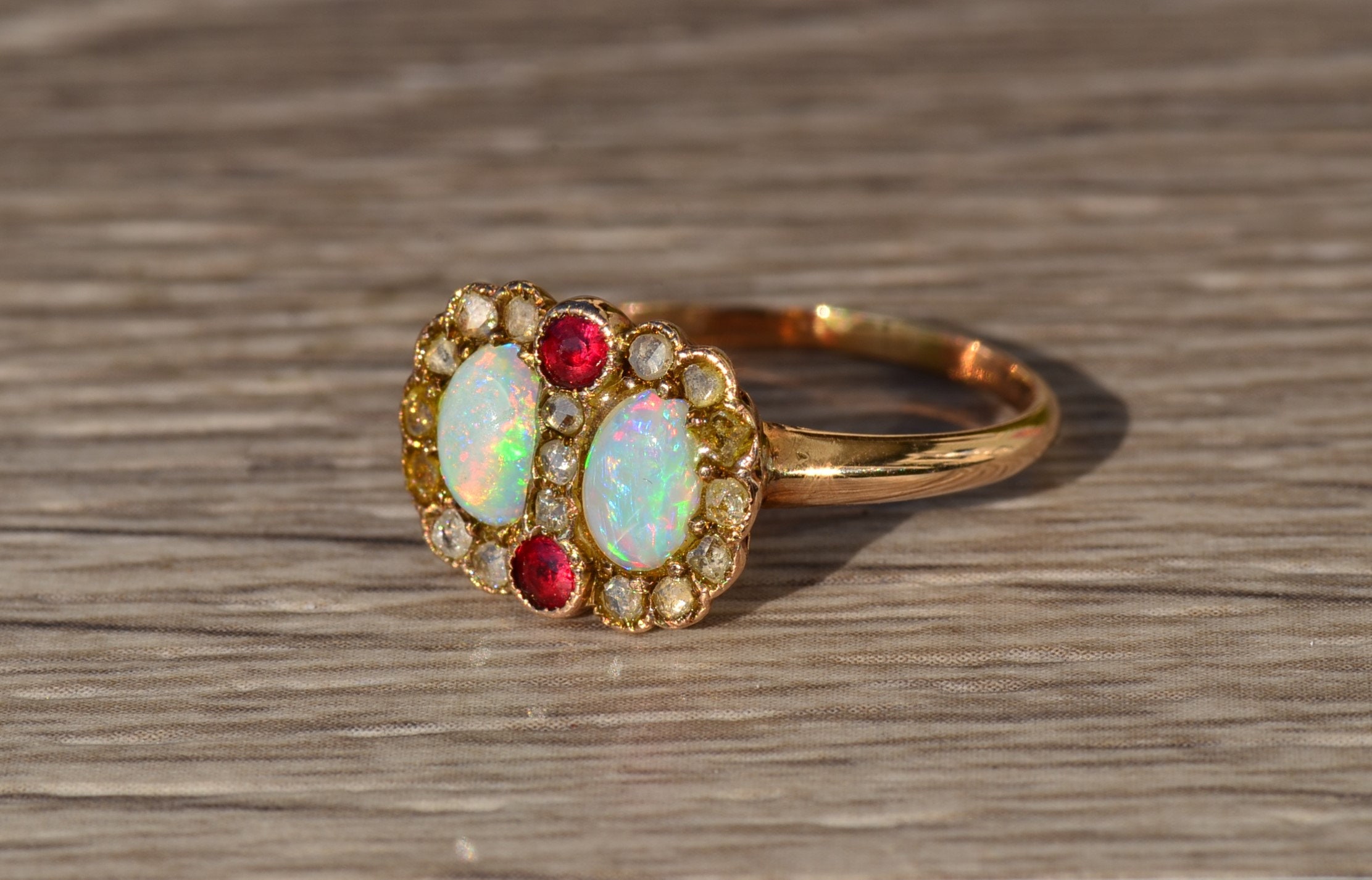 SOLD - The Baffin: Ladies Antique 14K Opal, Ruby and Rose Cut Diamond Ring - Image 2